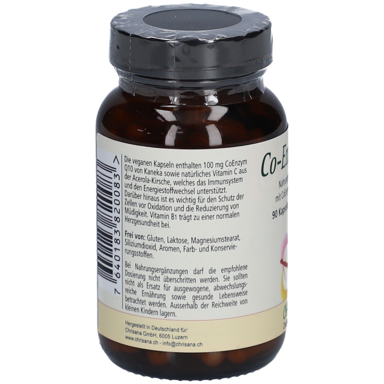 Dos du flacon en verre brun. Texte avec ingrédients et informations du fabricant. Code-barres et logo vegan.