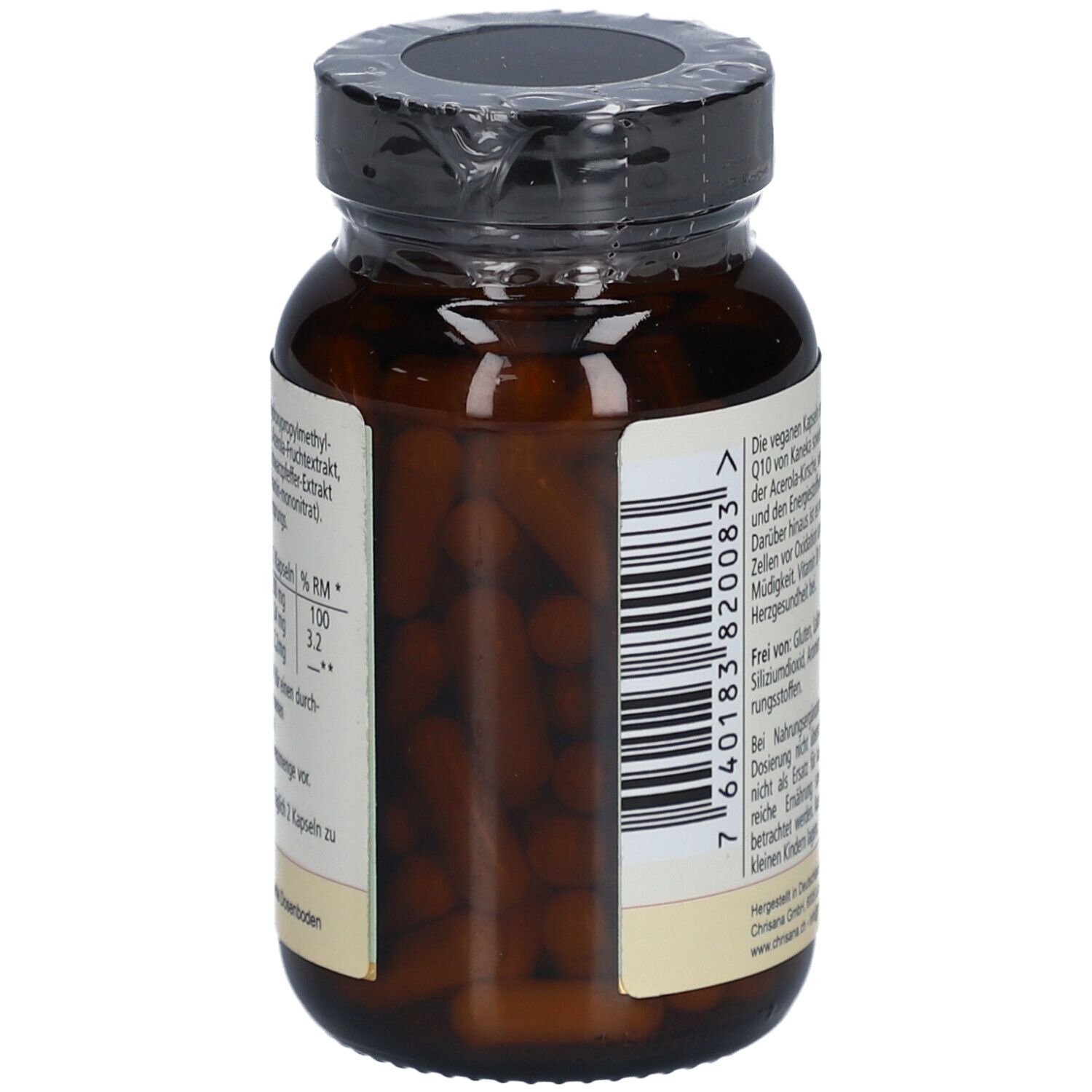 Gélules brunes dans un flacon en verre brun. Étiquette avec ingrédients et informations du fabricant. Code-barres.