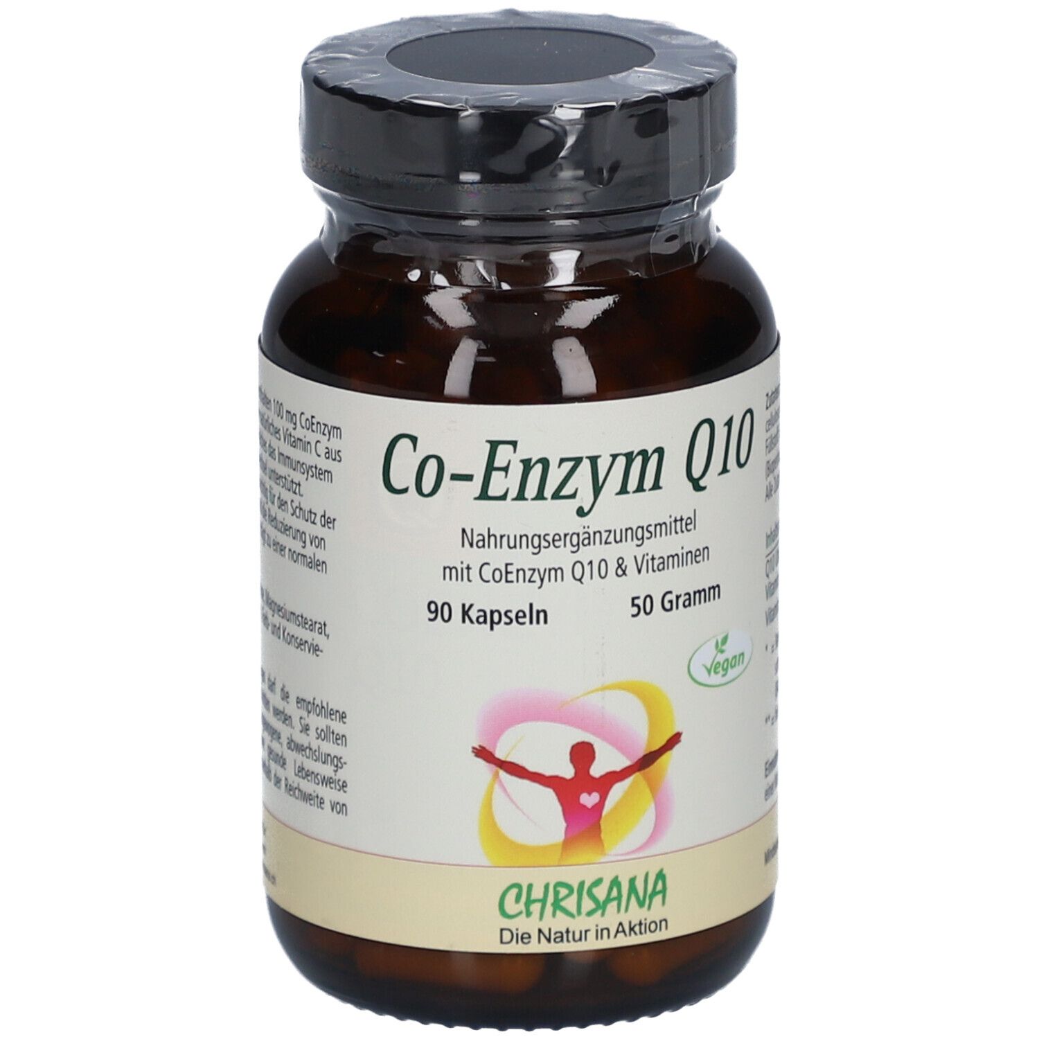 Flacon en verre brun avec bouchon noir. Inscription : Co-Enzyme Q10, 90 gélules, 50 grammes. Logo : Chrisana.