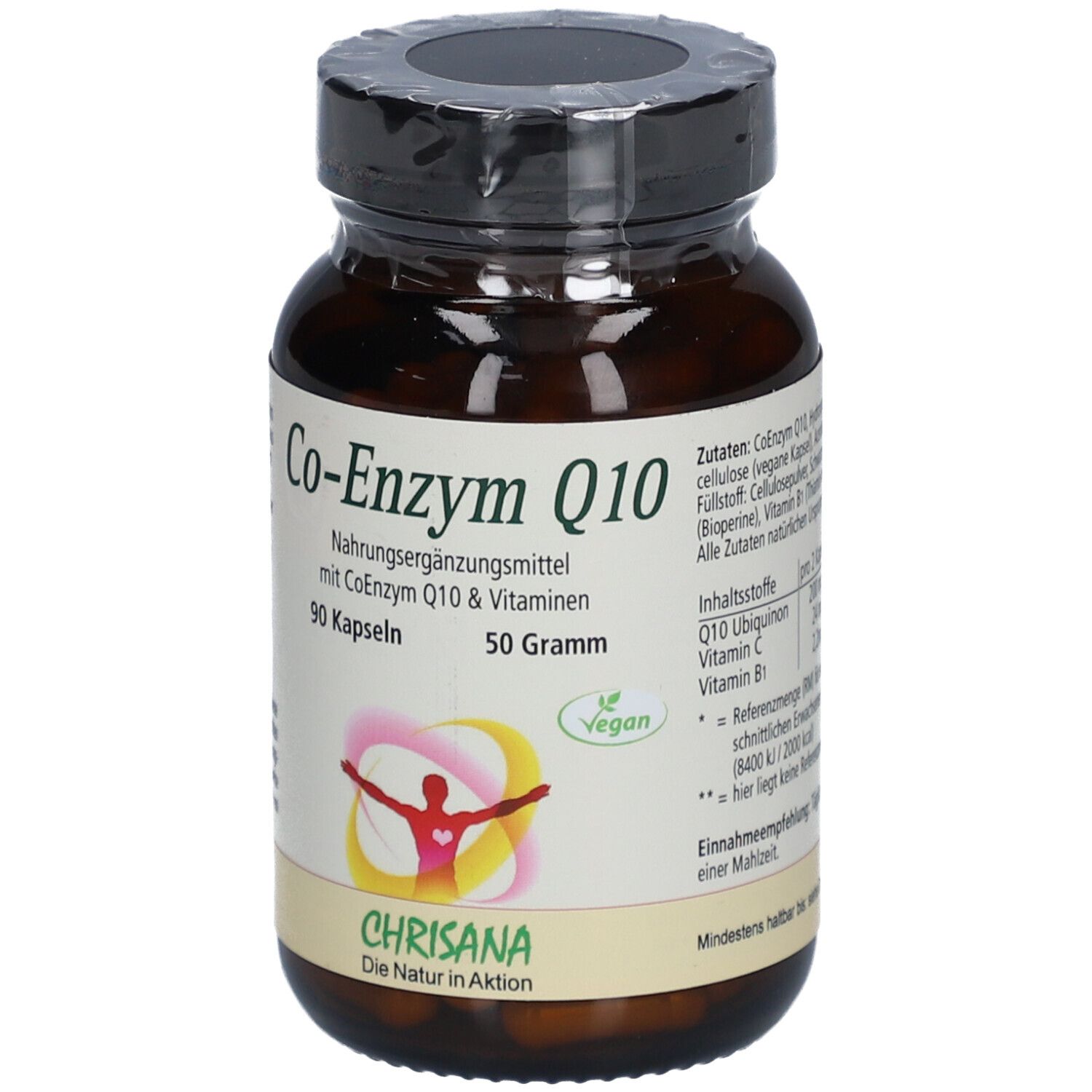 Flacon en verre brun avec bouchon noir. Inscription : Co-Enzyme Q10, 90 gélules, 50 grammes. Logo : Chrisana.