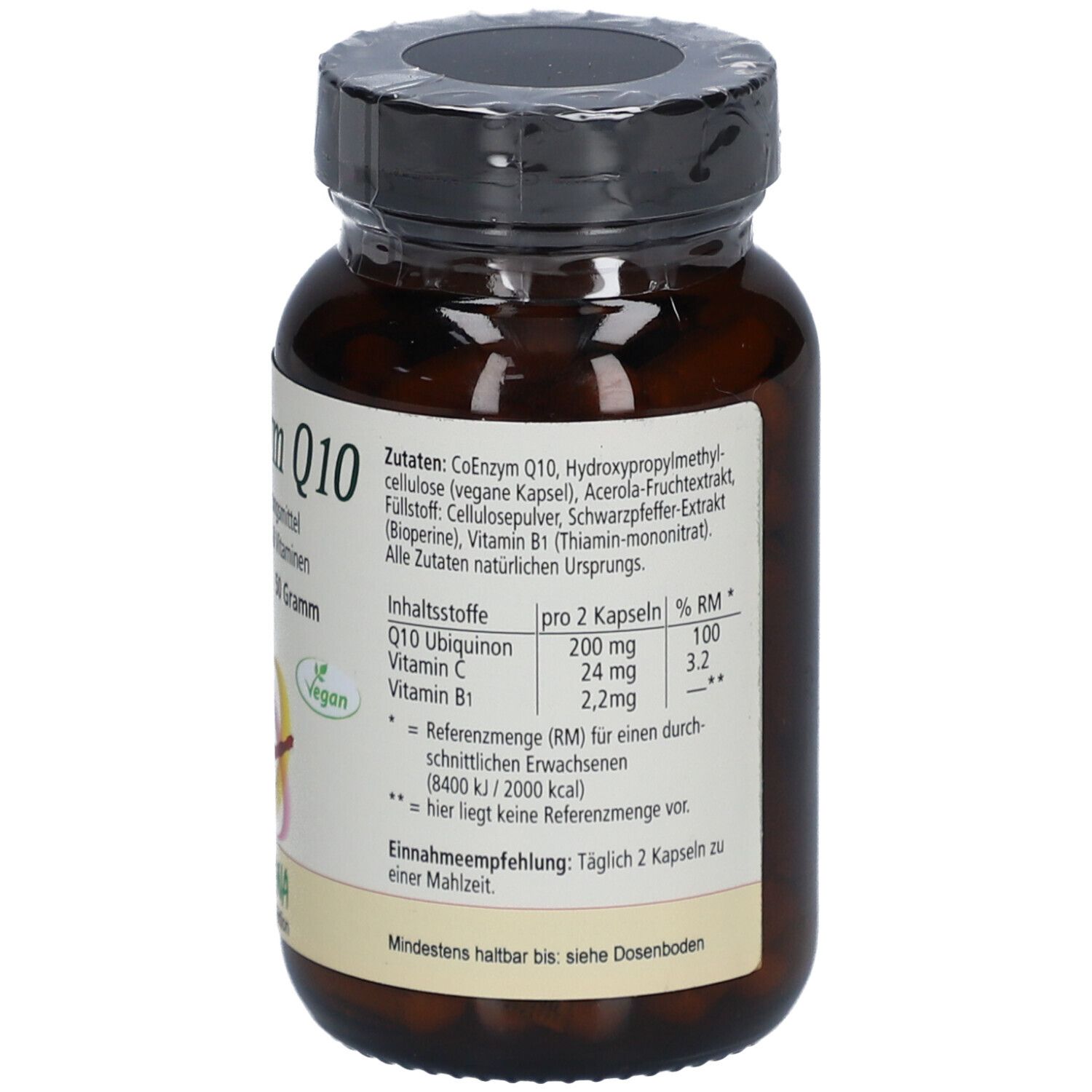 Flacon en verre brun avec bouchon noir. Inscription : Co-Enzyme Q10, 90 gélules, 50 grammes. Logo : Chrisana. Liste des ingrédients.