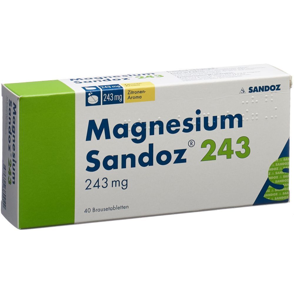 Verpackung von Magnesium Sandoz 243. Weißer Karton mit grünen und gelben Akzenten. Aufschrift: Magnesium Sandoz 243, 243 mg, 40 Brausetabletten.