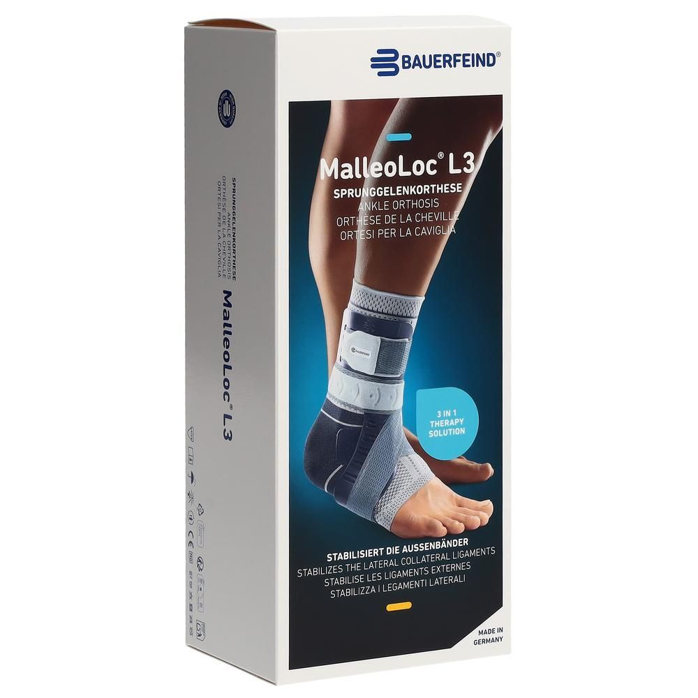 Verpackung der Bauerfeind MalleoLoc L3 Sprunggelenkorthese mit Abbildung des Produkts am Fuß.