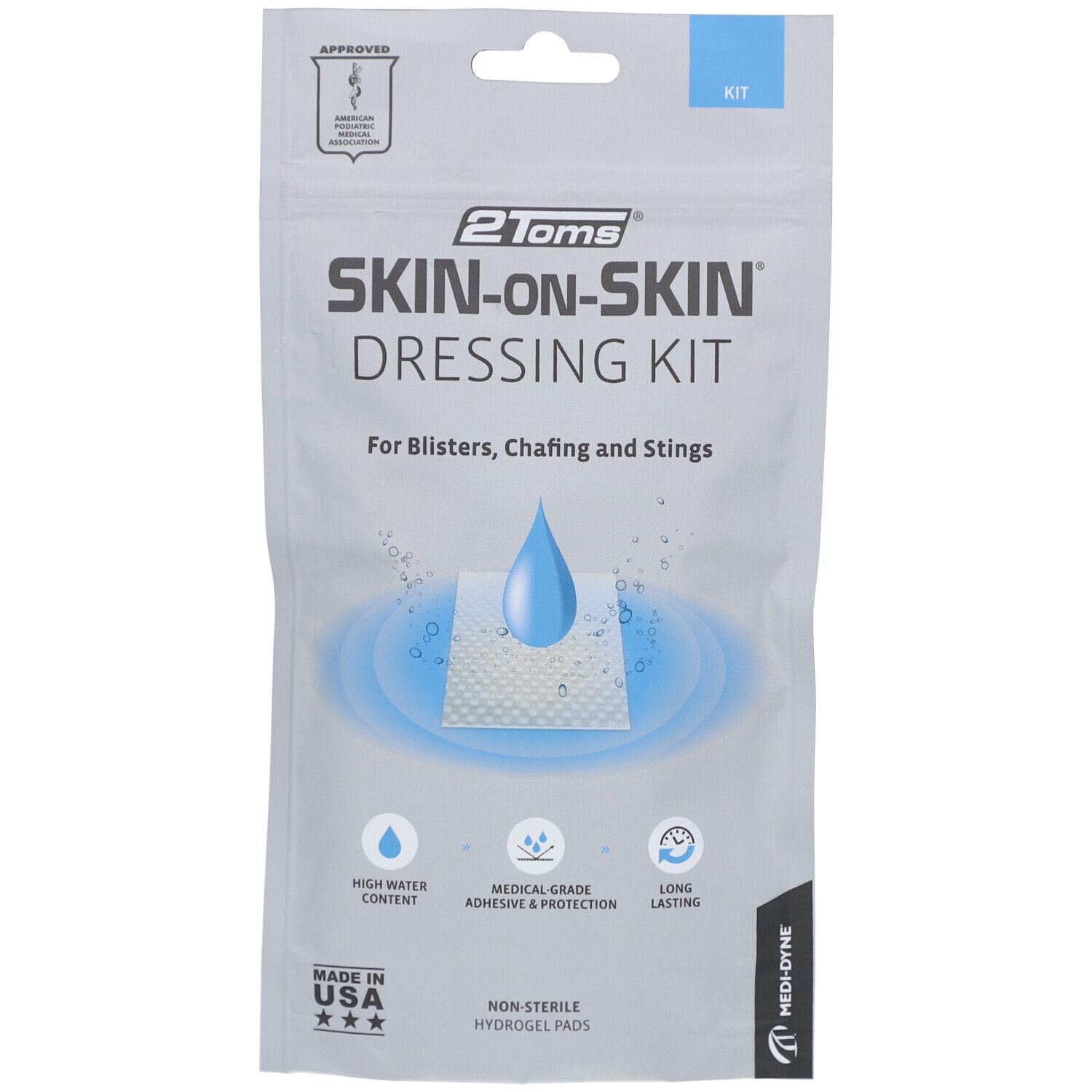 Verpackung mit "SKIN-ON-SKIN DRESSING KIT". Enthält Hydrogel-Pads. Medizinische Qualität. Wassergehalt. Für Blasen, Abschürfungen und Stiche.