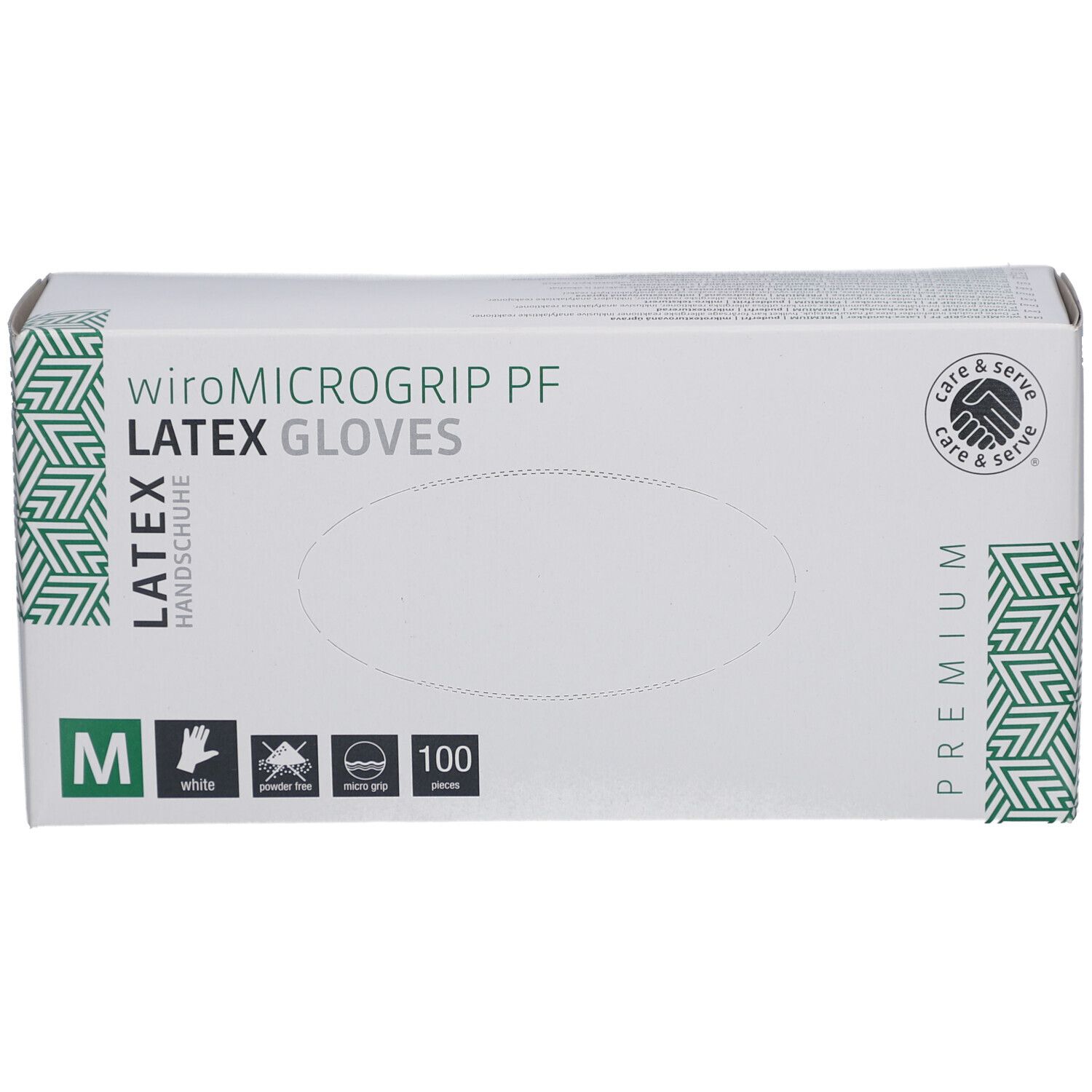 Boîte blanche avec inscription wiroMICROGRIP PF LATEX GLOVES. Taille M, 100 pièces. Gants en latex, sans poudre, non stériles.