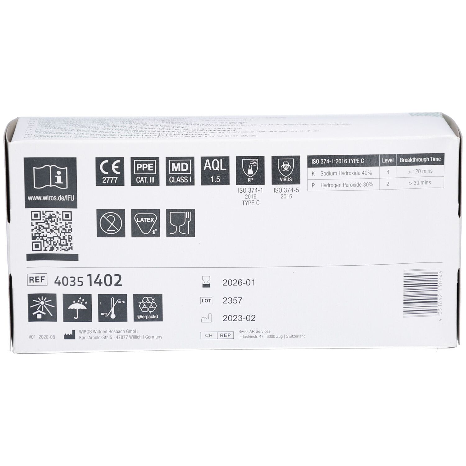 Dos de la boîte avec symboles et certifications. Informations sur les normes ISO et les dates de péremption. Gants en latex, sans poudre, non stériles.