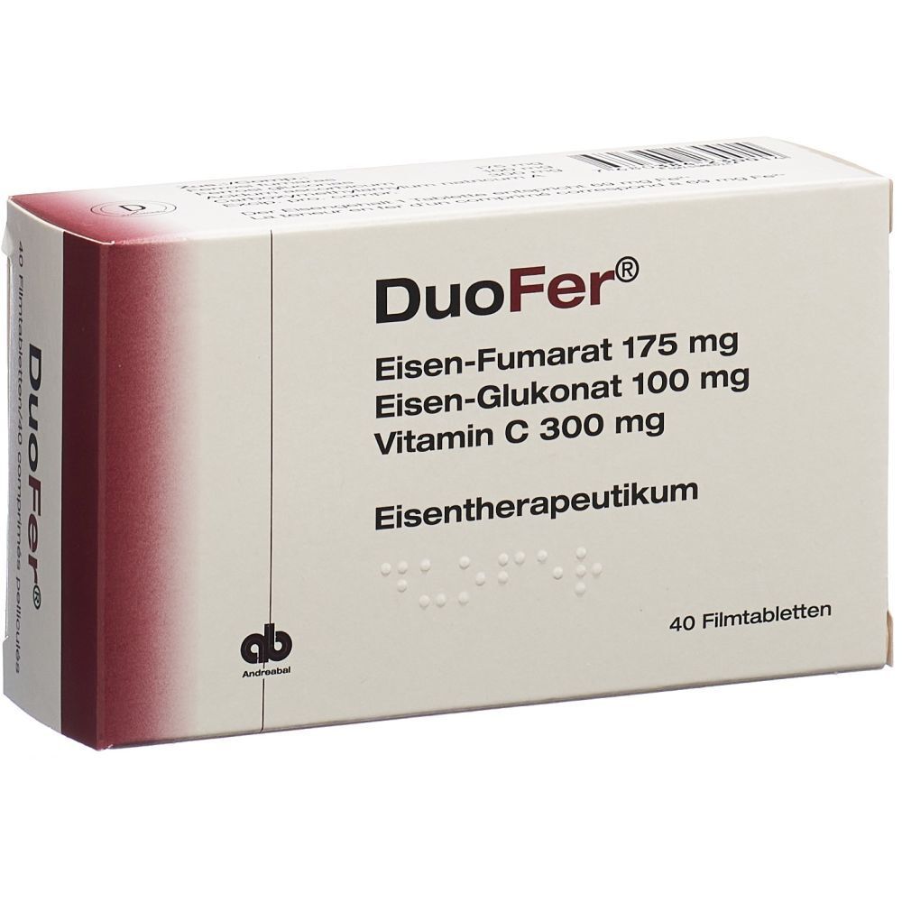Schachtel mit DuoFer Filmtabletten. Enthält Eisen-Fumarat, Eisen-Glukonat und Vitamin C. 40 Filmtabletten. Eisentherapeutikum.