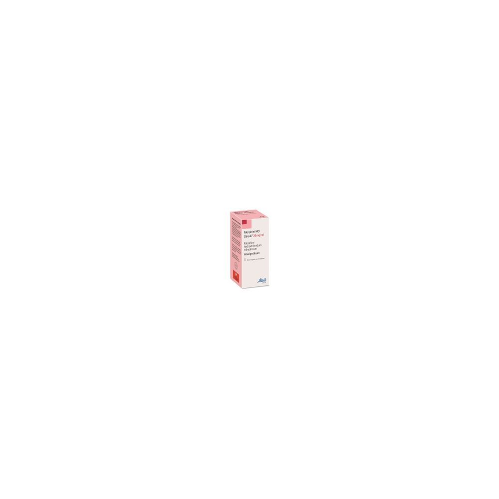 Kartonverpackung mit Produktinformationen. Rosa-weiße Farbgebung. Text: MORPHINI HCL Streuli Tropfen. Logo.