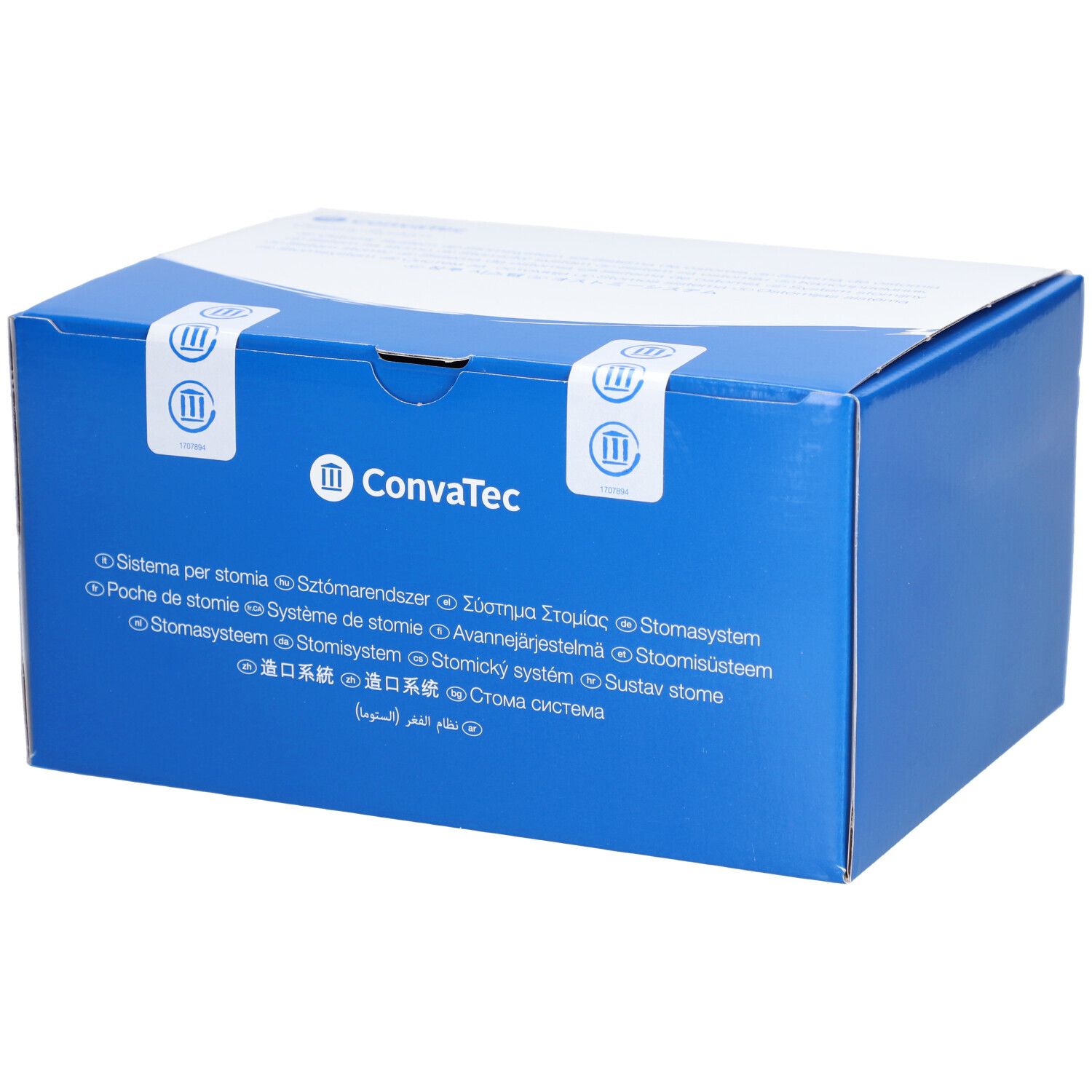 Boîte bleue avec couvercle blanc. Logos et informations multilingues imprimés. Scellés de sécurité.