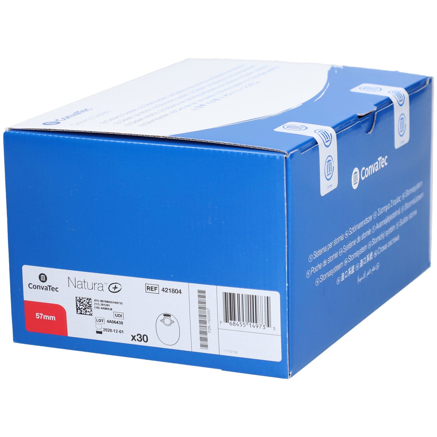 Boîte bleue avec couvercle blanc. Impression: Natura+, 57mm, REF 421804, x30. Informations produit et code-barres.