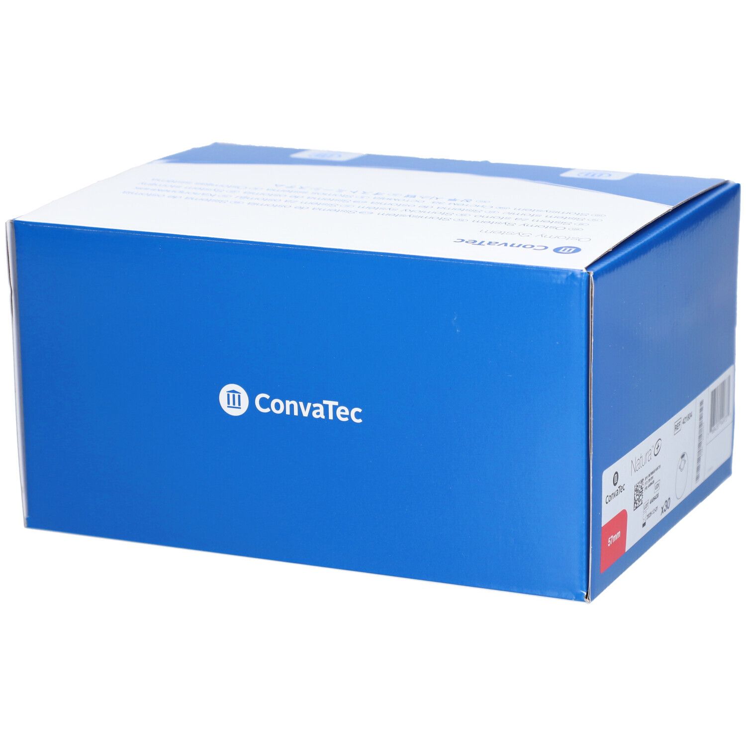 Boîte bleue avec couvercle blanc. Impression: Logo Convatec. Informations produit sur le côté.