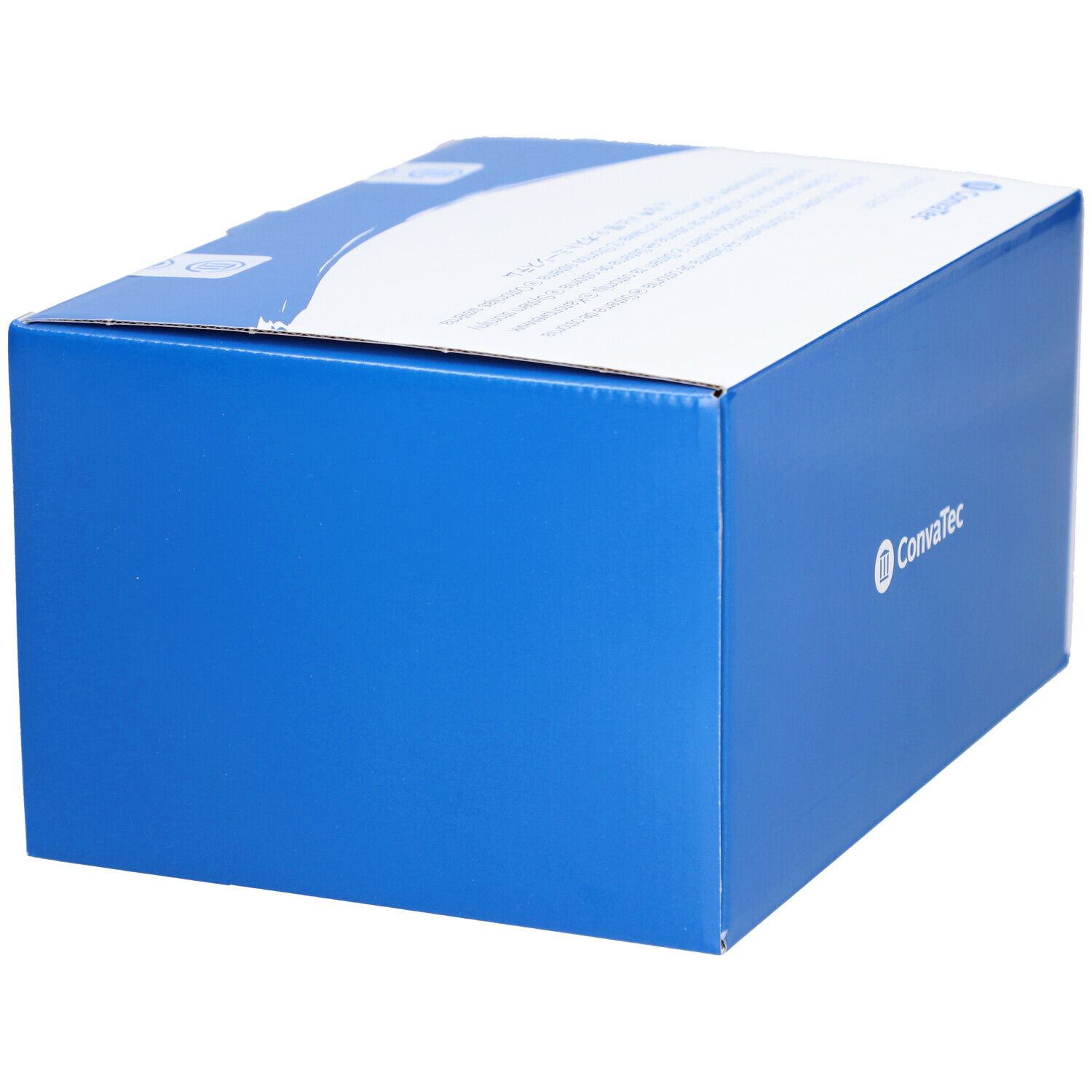 Boîte bleue avec couvercle blanc. Impression: Logo Convatec. Informations produit sur le côté.