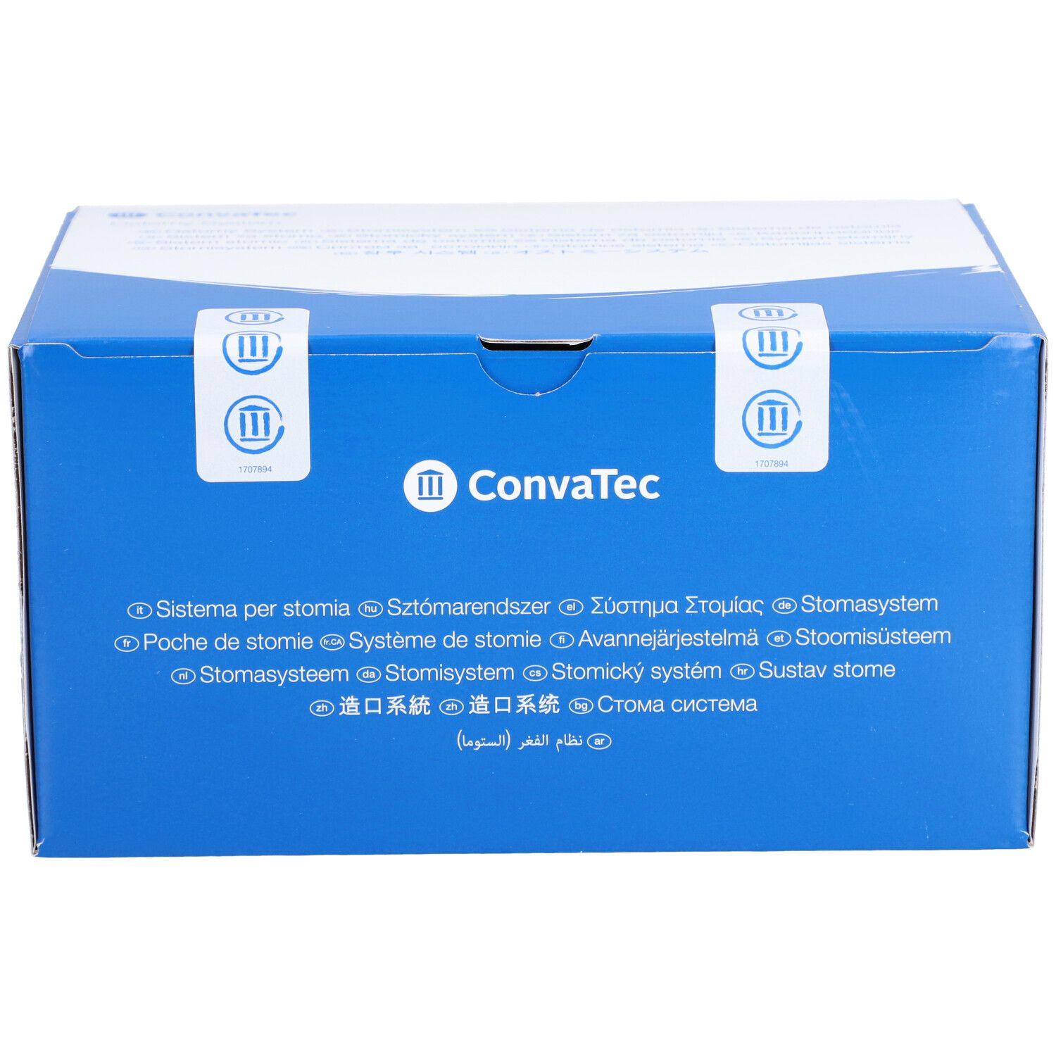 Boîte bleue avec couvercle blanc. Impression: Logo Convatec. Informations produit multilingues.