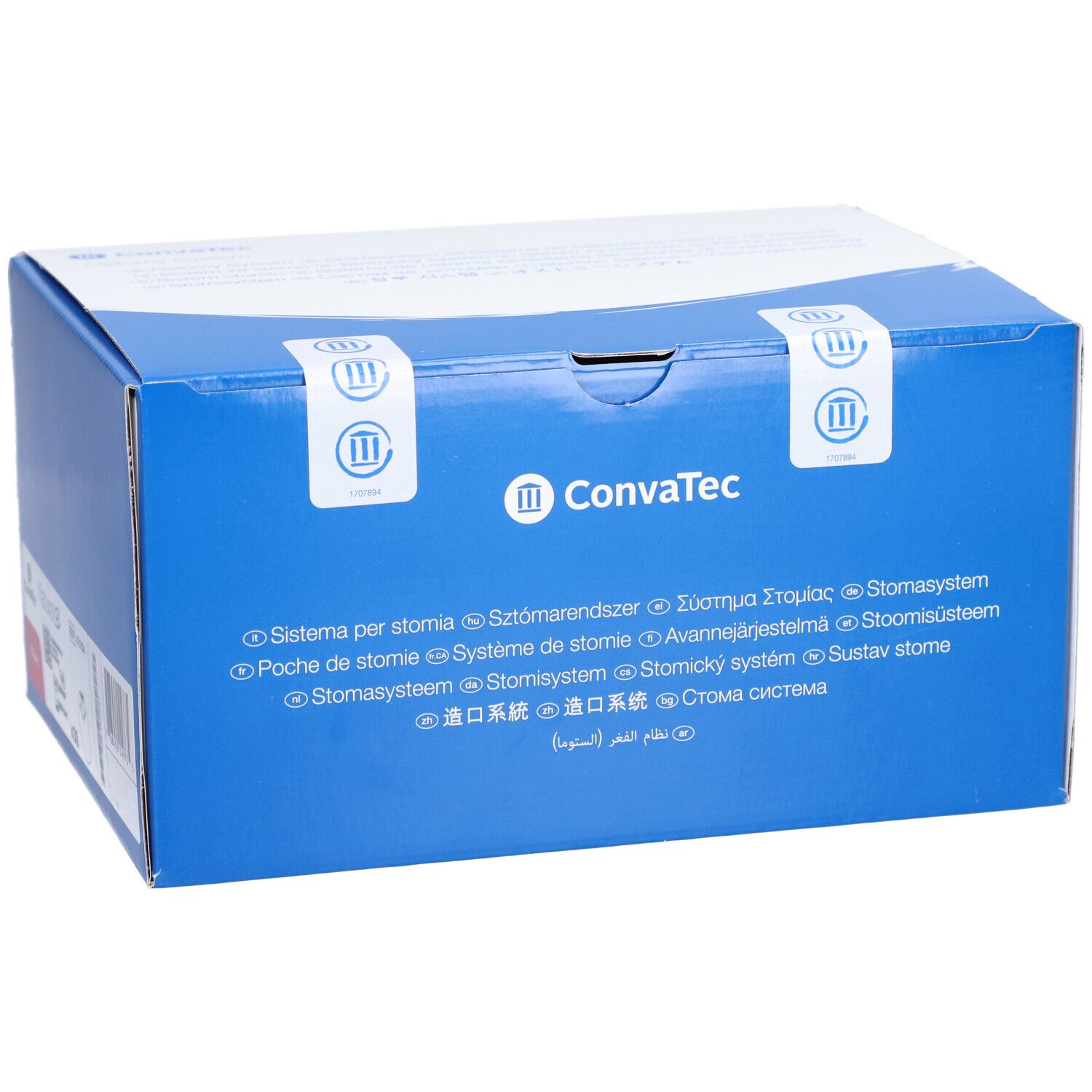 Boîte bleue avec couvercle blanc. Impression: Logo Convatec. Informations produit multilingues. Scellés.