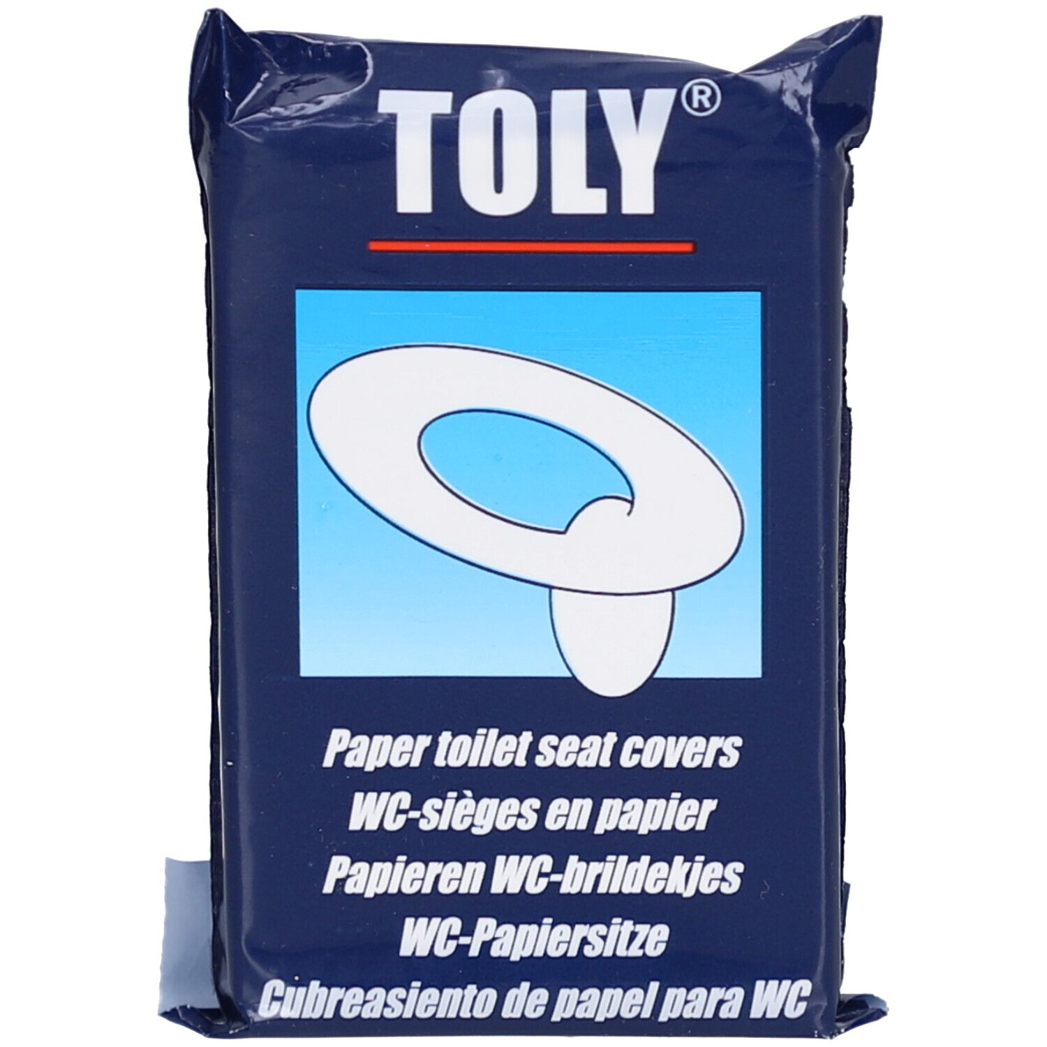 Verpackung mit WC-Papier-Sitzauflagen. Blau, mit weißem Produkt-Symbol. Oben: Marke TOLY®.