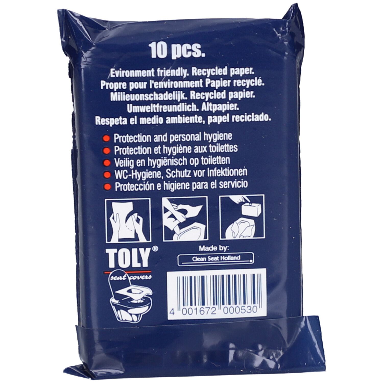 Rückseite der Verpackung. Enthält 10 Stück. Text: Umweltfreundlich, Hygiene, Marke TOLY® und Barcode.
