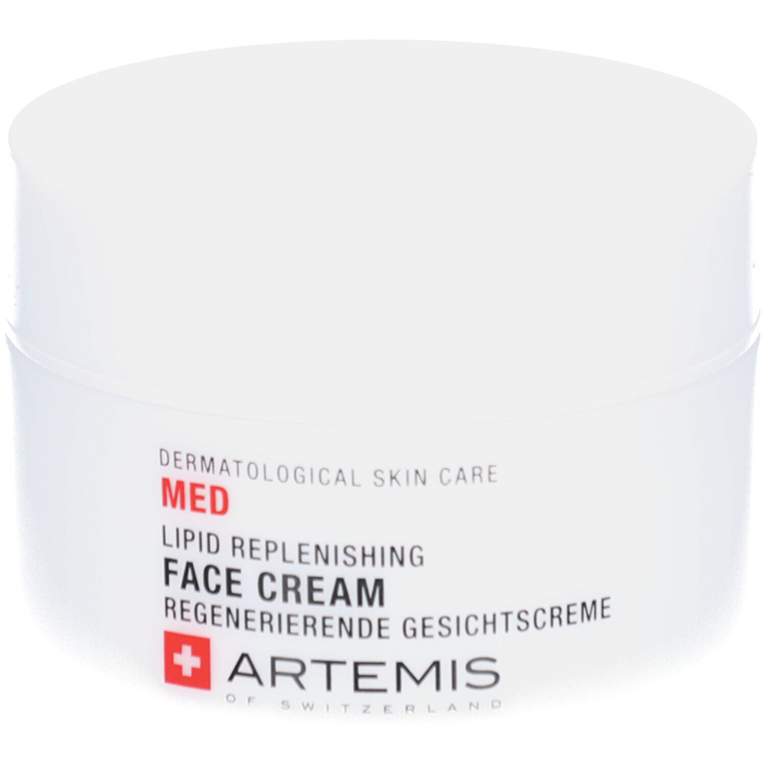 Pot de crème blanc avec couvercle. Inscription: MED, Lipid Replenishing Face Cream, Regenerierende Gesichtscreme. Logo: ARTEMIS.