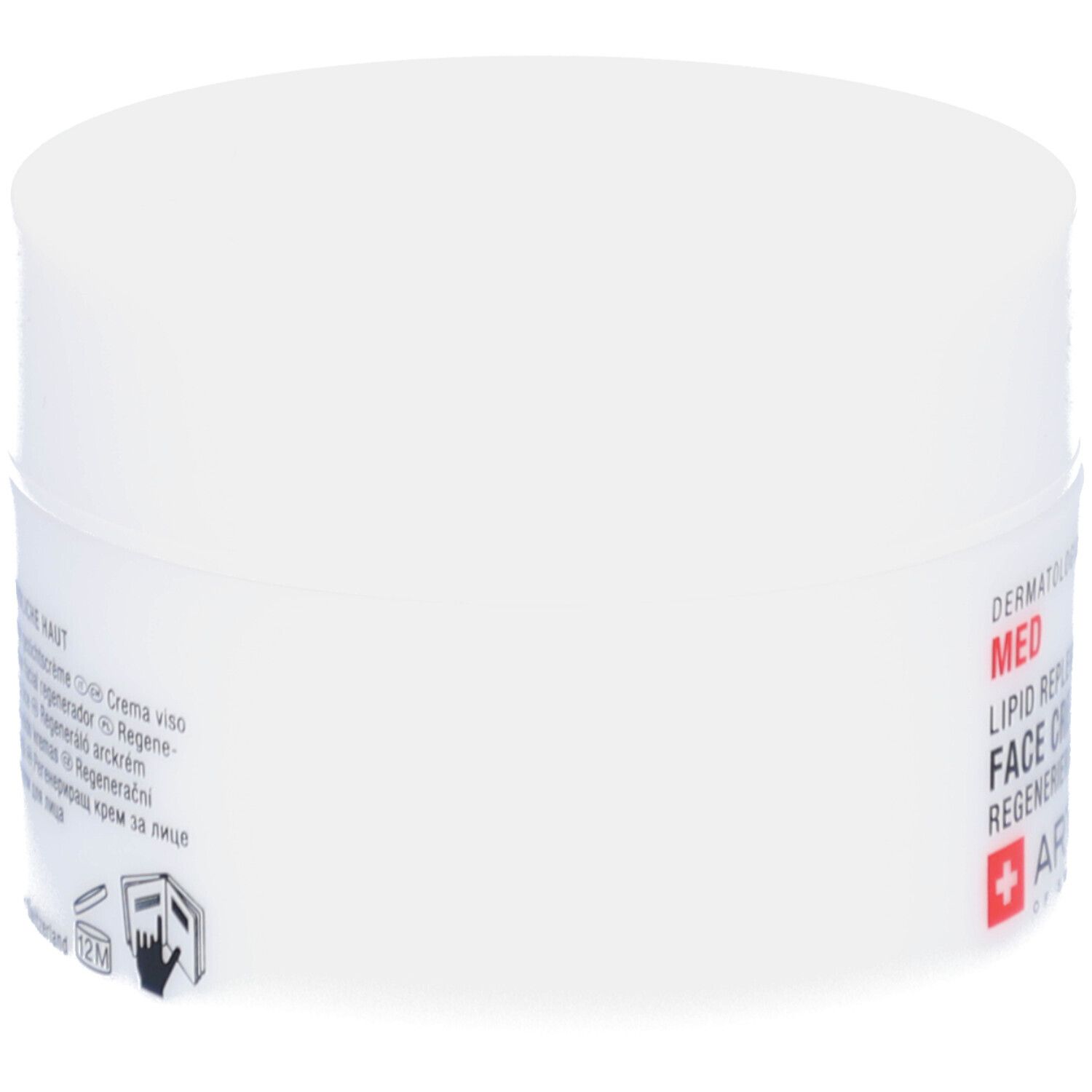 Pot de crème blanc, vue latérale. Inscription: MED, Face Cream, Regenerierende Gesichtscreme. Logo: ARTEMIS. Texte multilingue.