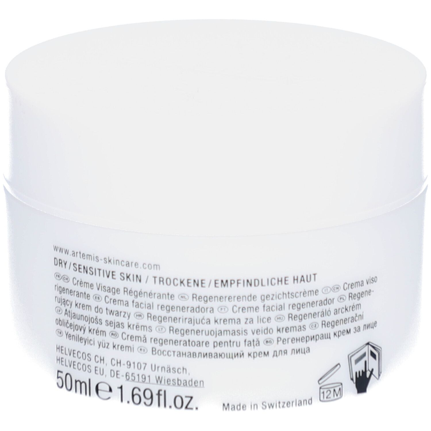 Pot de crème blanc. Inscription: DRY/SENSITIVE SKIN, Creme Visage Régénérante, 50ml, 1.69 fl.oz. Logo: ARTEMIS. Fabriqué en Suisse.