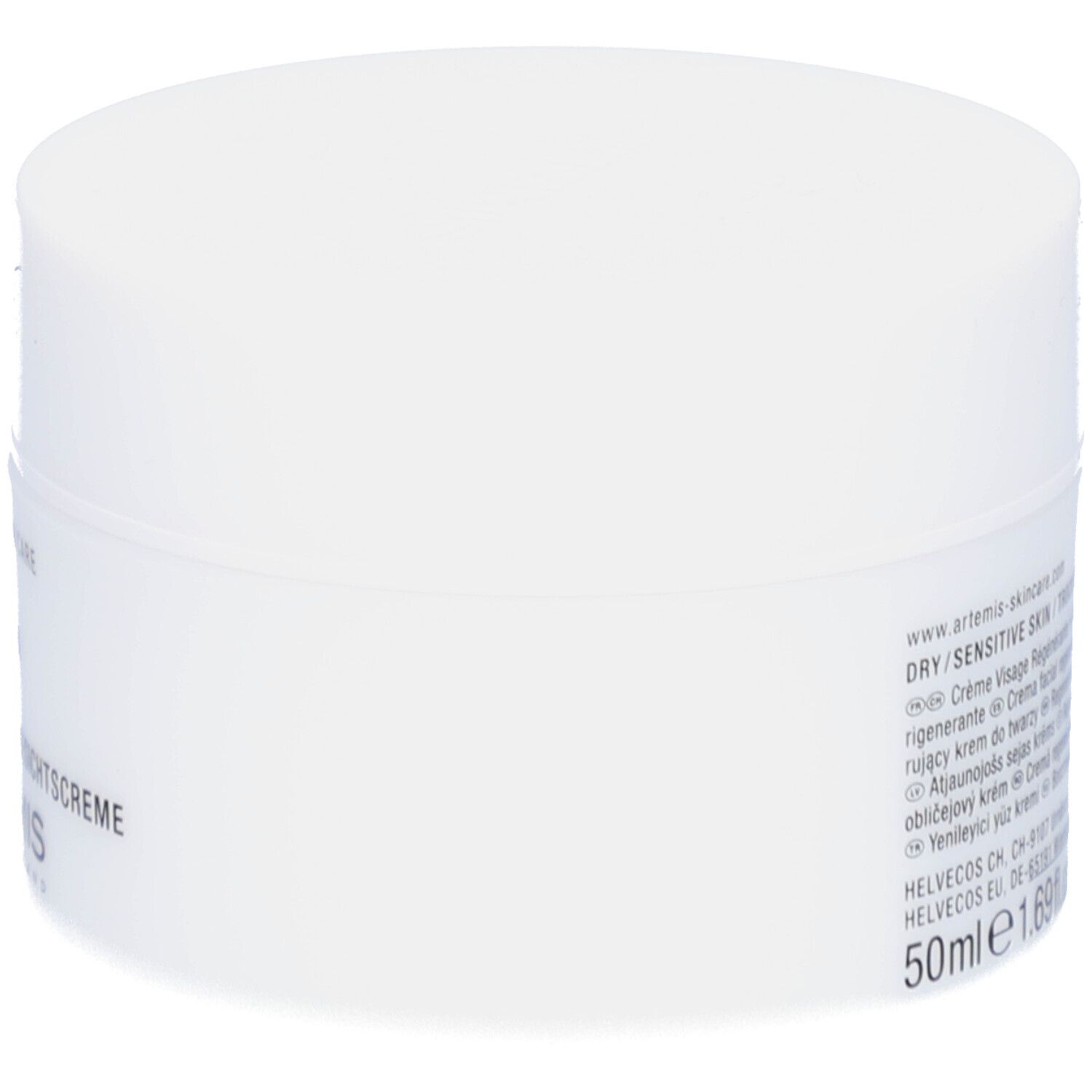 Pot de crème blanc, vue latérale. Inscription: DRY/SENSITIVE SKIN, 50ml, 1.69 fl.oz. Logo: ARTEMIS. Texte multilingue.