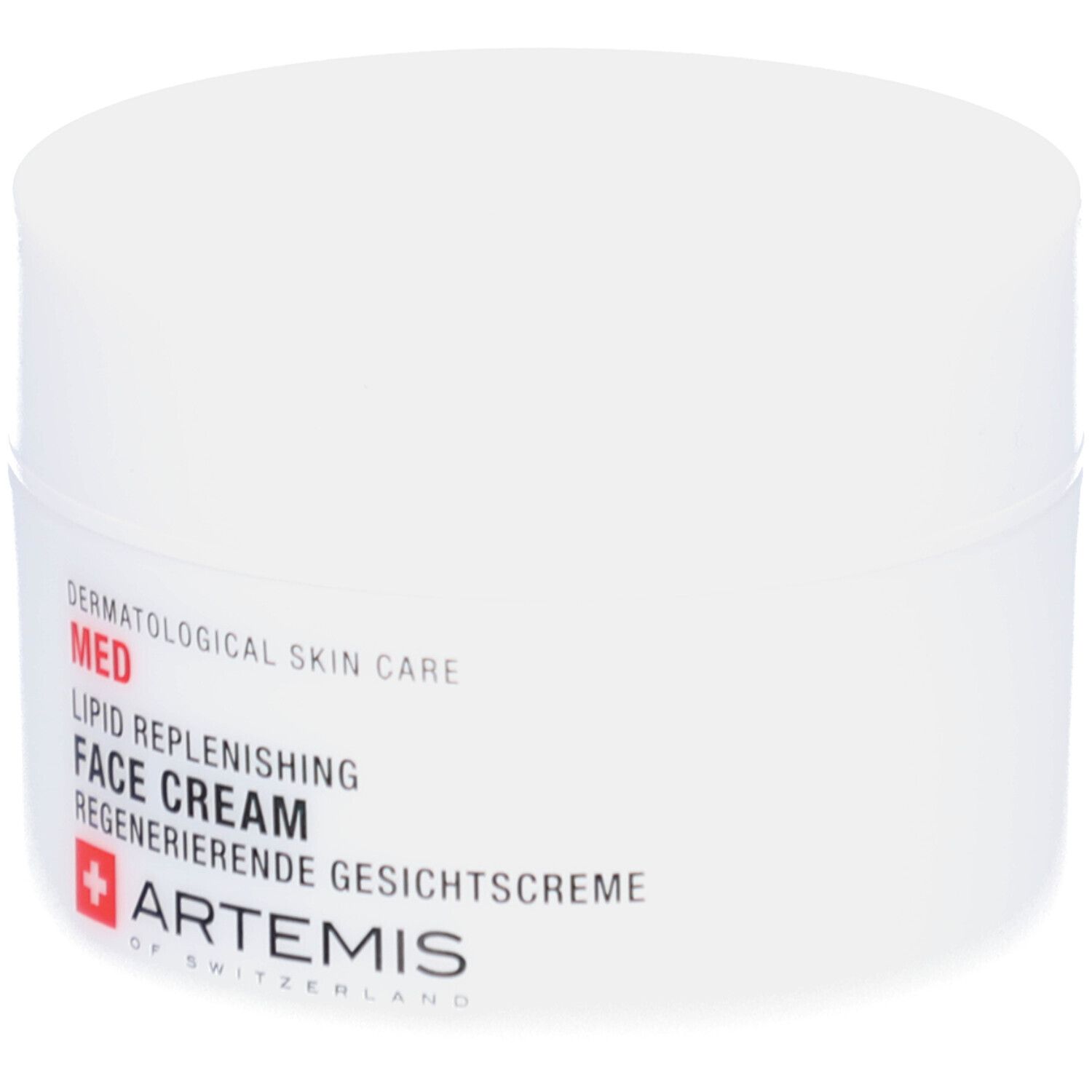 Pot de crème blanc avec couvercle. Inscription: MED, Lipid Replenishing Face Cream, Regenerierende Gesichtscreme. Logo: ARTEMIS.