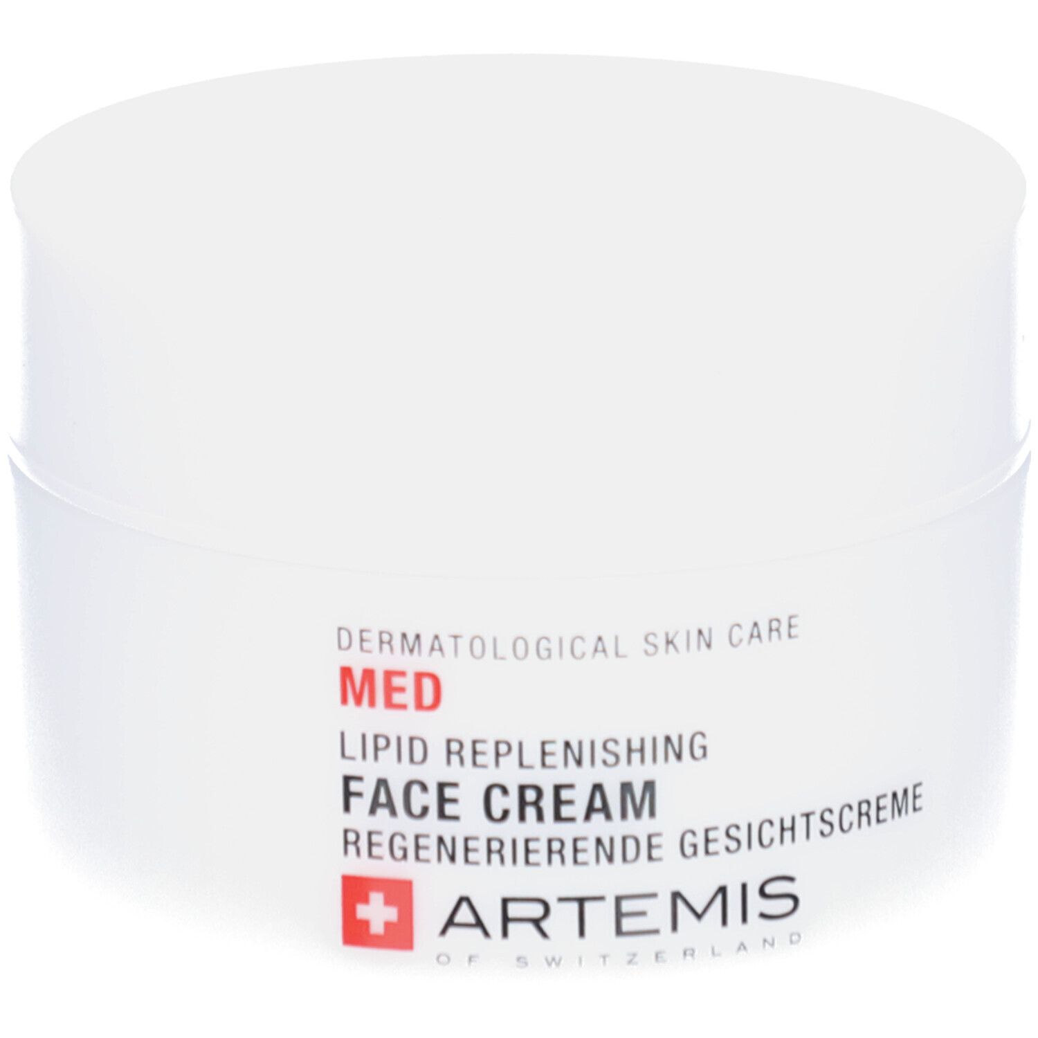 Pot de crème blanc avec couvercle. Inscription: MED, Lipid Replenishing Face Cream, Regenerierende Gesichtscreme. Logo: ARTEMIS.