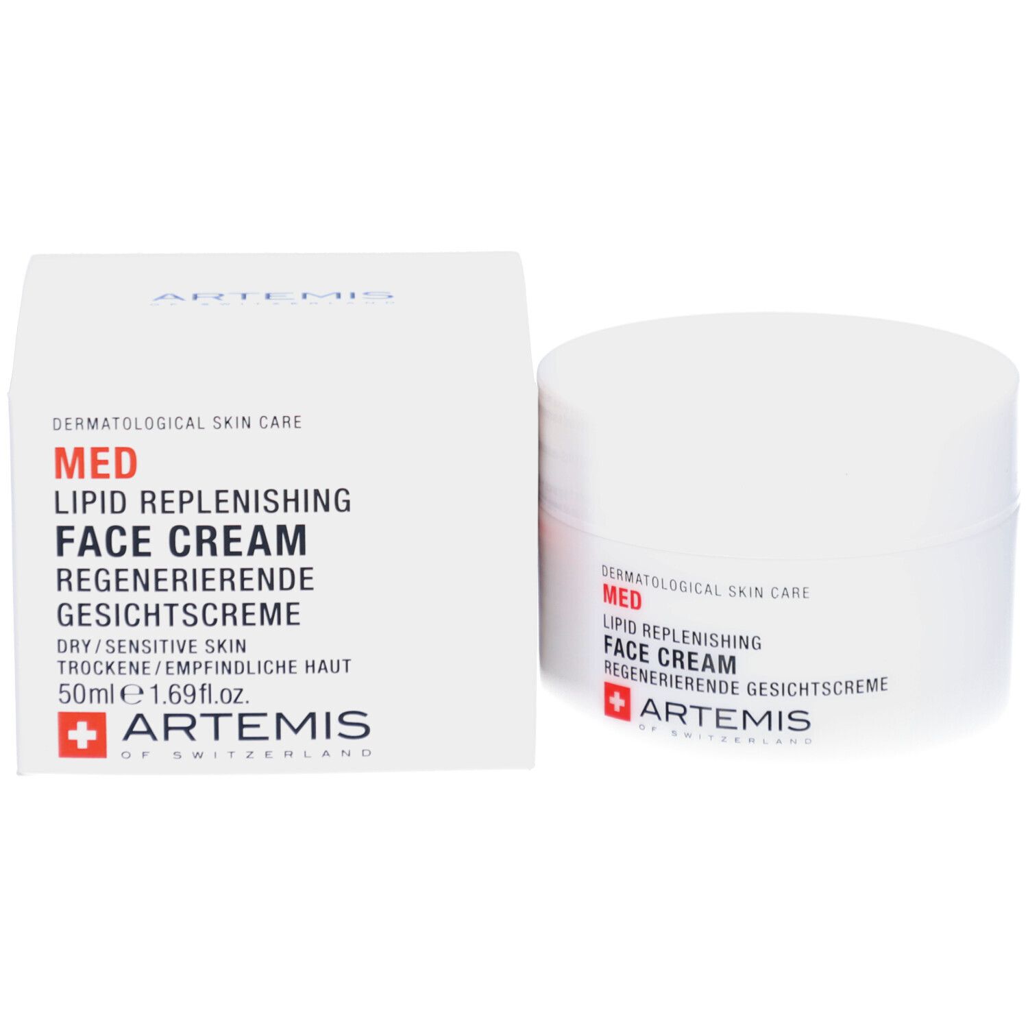 Pot de crème et boîte. Inscription: MED, Lipid Replenishing Face Cream, Regenerierende Gesichtscreme. Logo: ARTEMIS. 50ml.