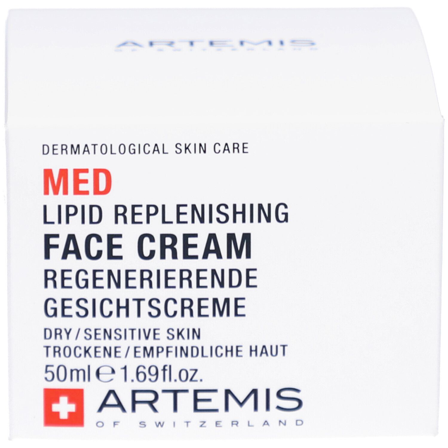 Boîte blanche. Inscription: MED, Lipid Replenishing Face Cream, Regenerierende Gesichtscreme. Logo: ARTEMIS. 50ml, DRY/SENSITIVE SKIN.