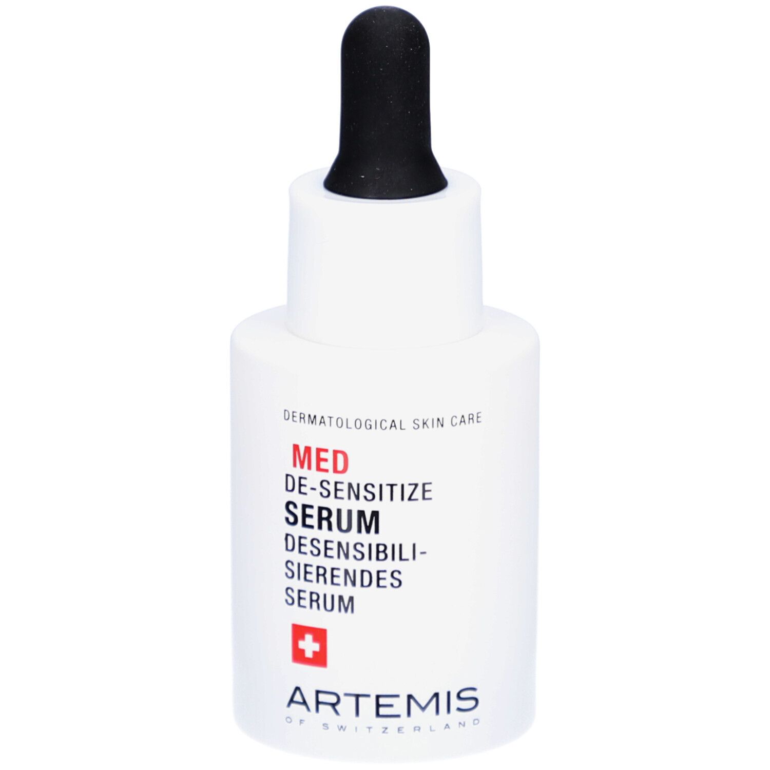 Flacon blanc avec pipette noire. Inscription: MED DE-SENSITIZE SERUM. Croix rouge. Marque ARTEMIS.