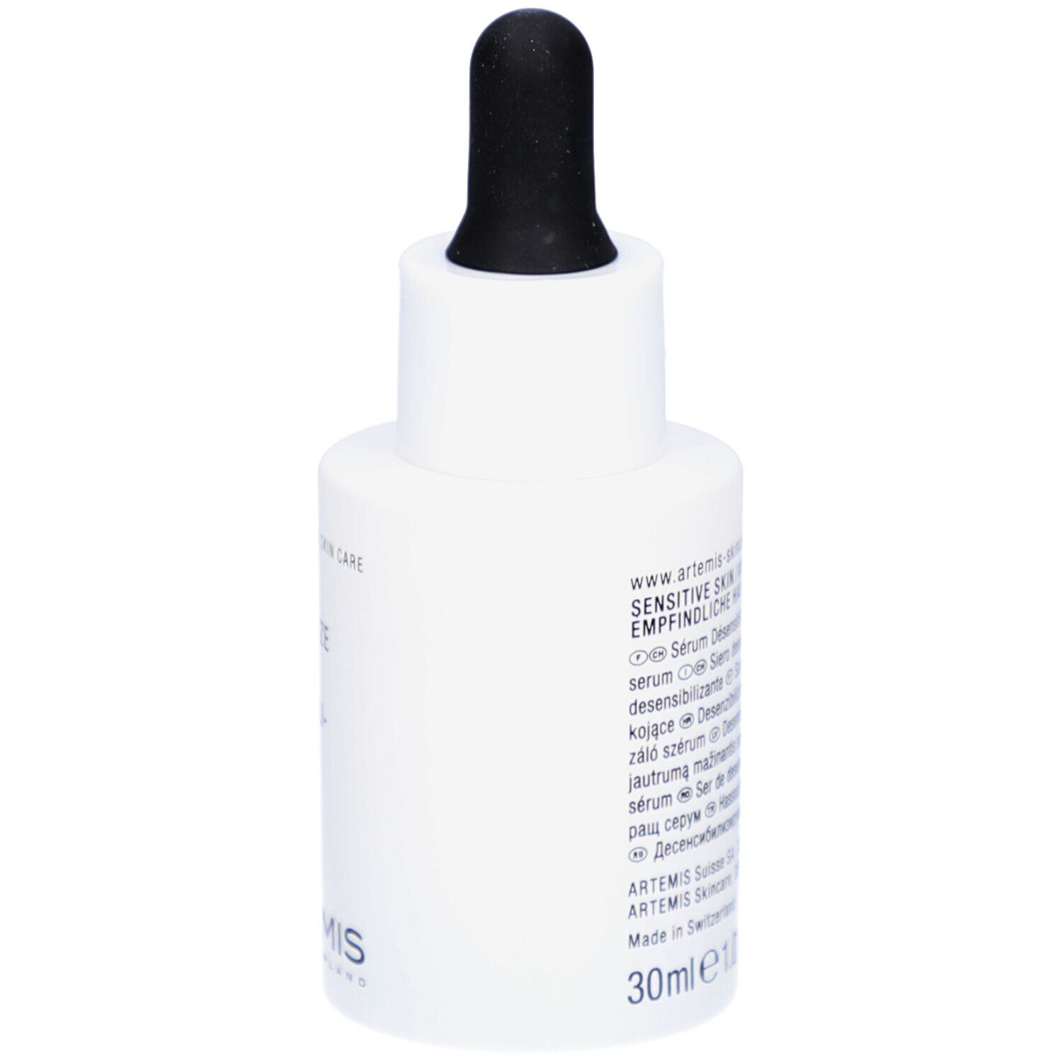 Flacon blanc avec pipette noire. Inscription et texte. Croix rouge. Marque ARTEMIS. 30ml.