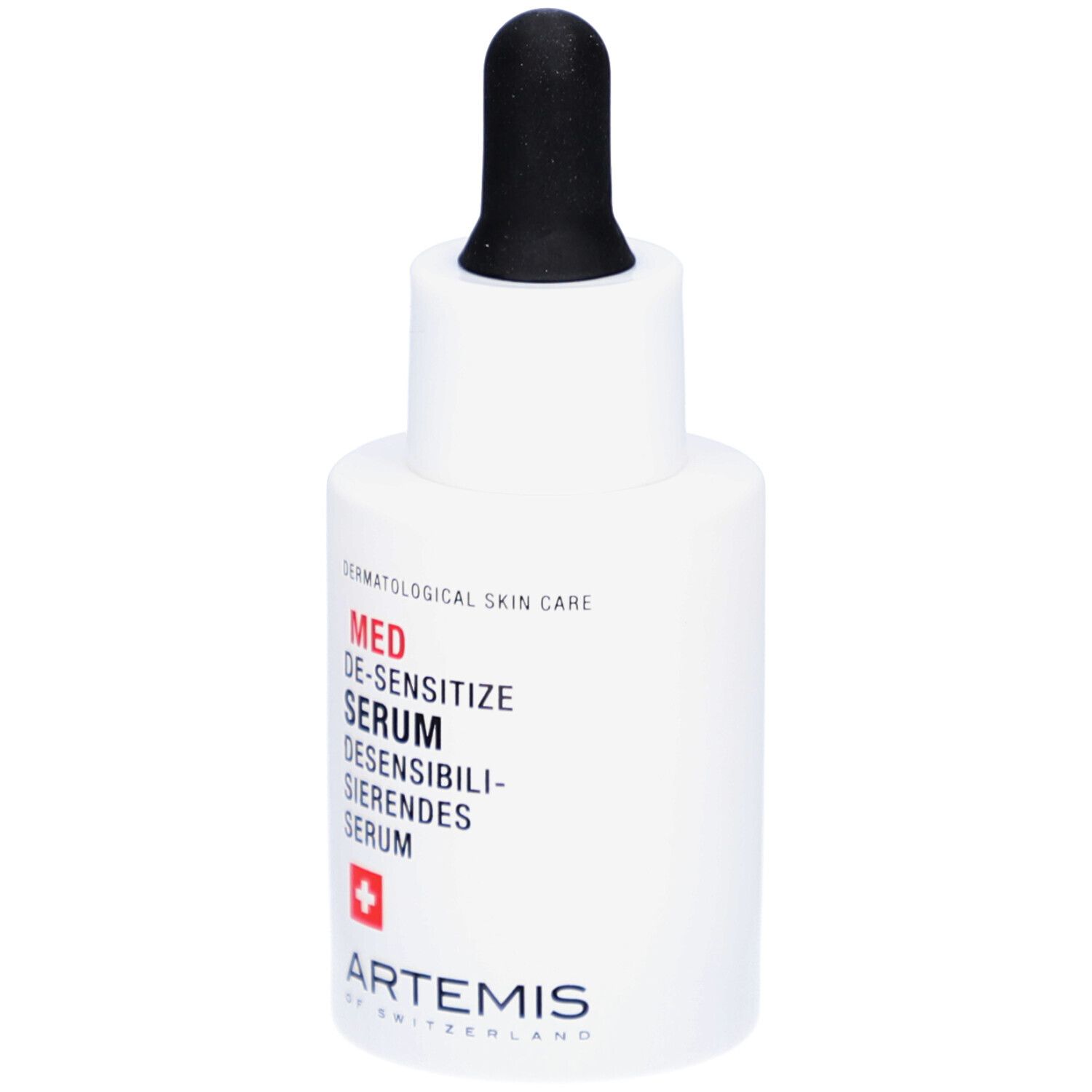 Flacon blanc avec pipette noire. Inscription: MED DE-SENSITIZE SERUM. Croix rouge. Marque ARTEMIS.