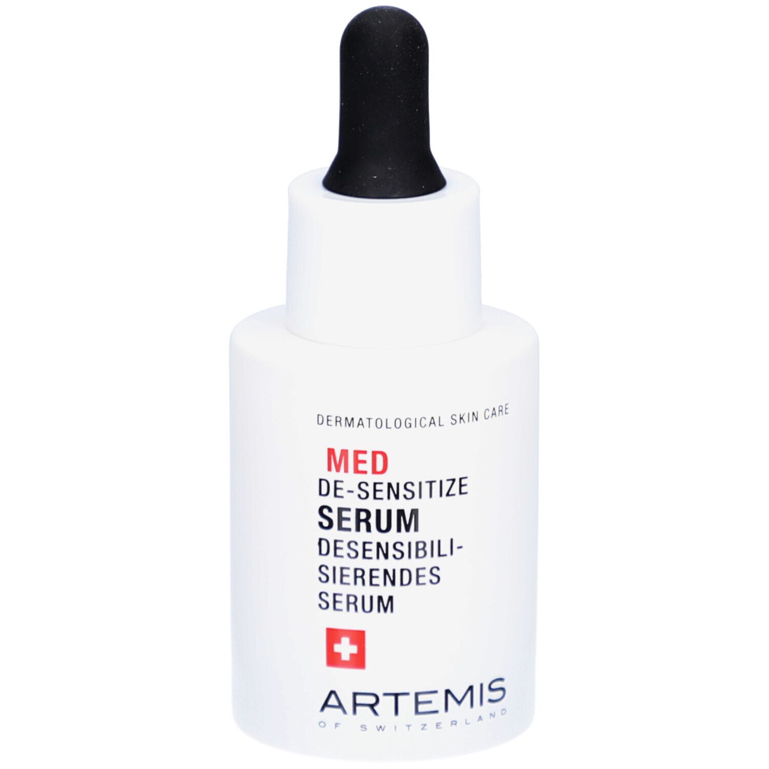 Flacon blanc avec pipette noire. Inscription: MED DE-SENSITIZE SERUM. Croix rouge. Marque ARTEMIS.
