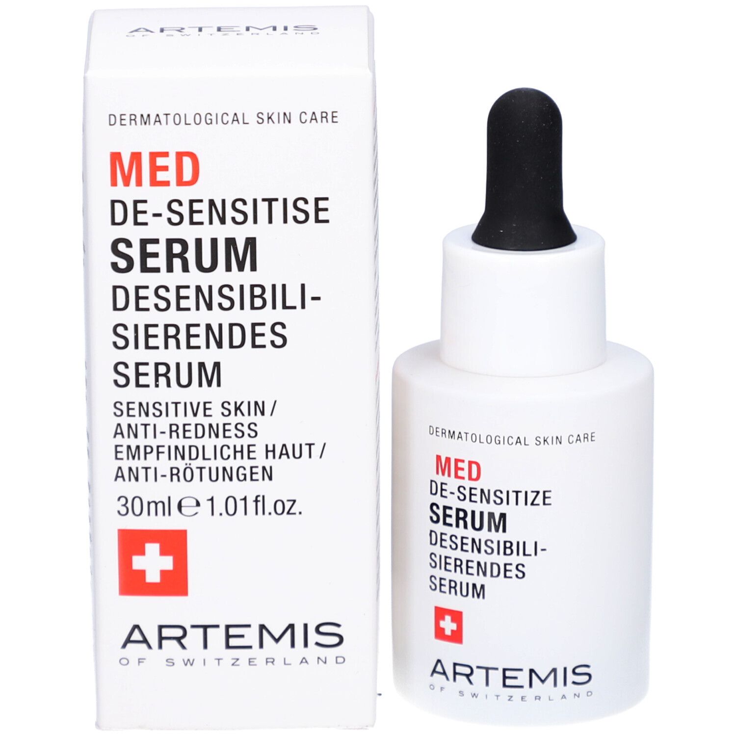 Flacon et emballage du produit. Inscription: MED DE-SENSITIZE SERUM. Croix rouge. Marque ARTEMIS. 30ml.
