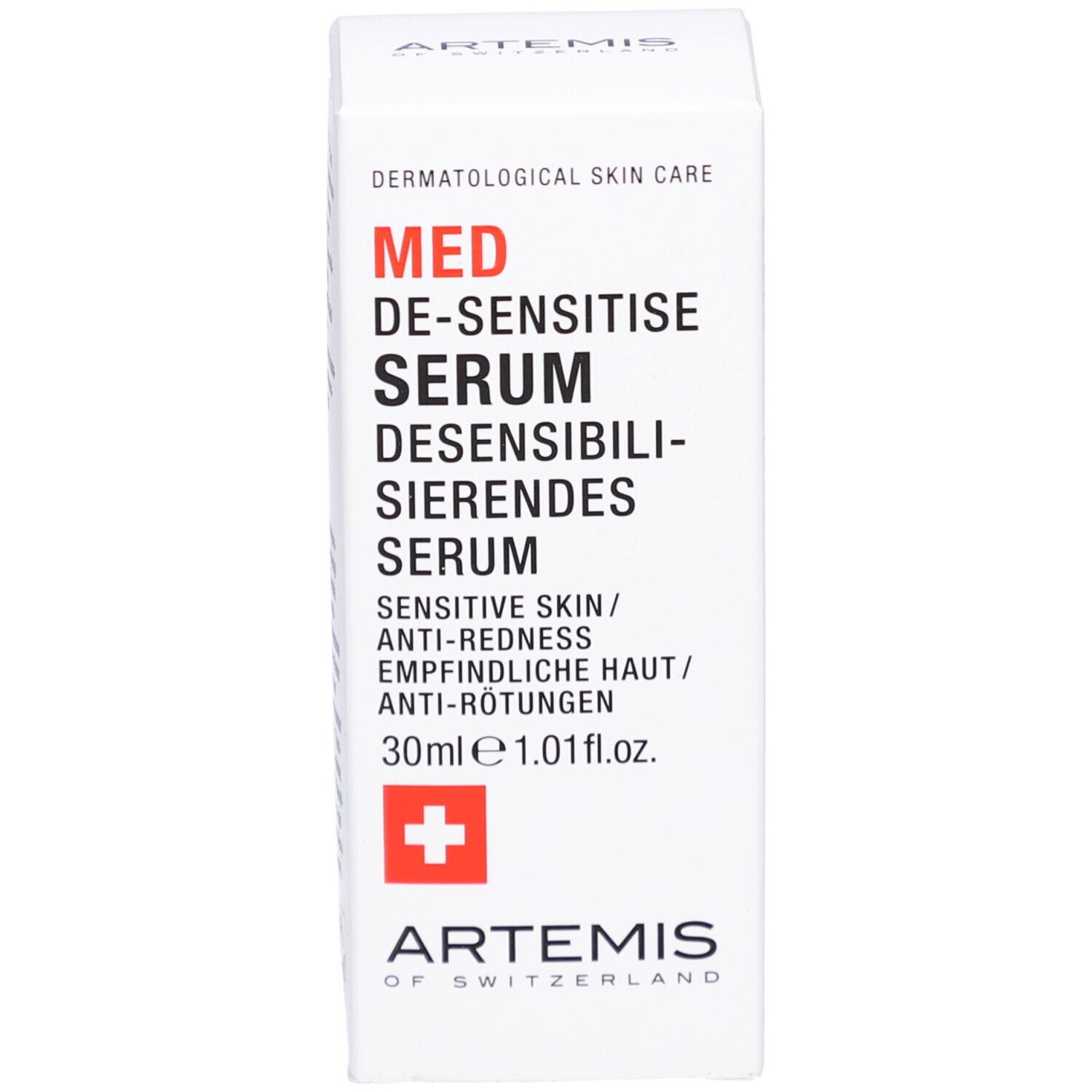 Emballage du produit. Inscription: MED DE-SENSITIZE SERUM. Croix rouge. Marque ARTEMIS. 30ml.