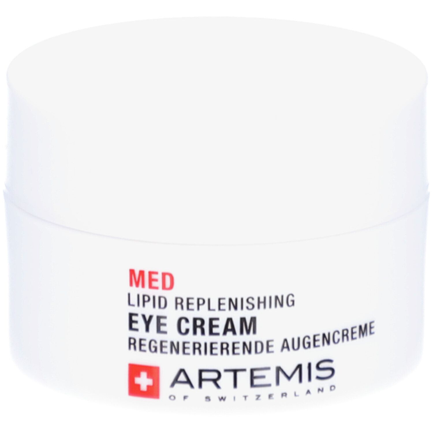 Pot de crème blanc avec texte rouge et noir. Contient "MED LIPID REPLENISHING EYE CREAM". Marque: ARTEMIS OF SWITZERLAND.