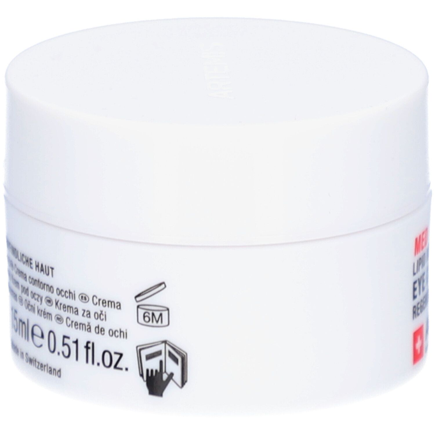 Pot de crème blanc. Inscription: "15ml 0.51 fl.oz.". Contient des symboles et du texte. Marque: ARTEMIS.