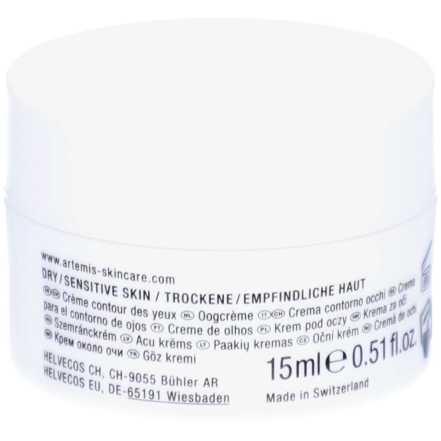 Pot de crème blanc avec texte. Contient "DRY/SENSITIVE SKIN". Adresse: www.artemis-skincare.com. Marque: ARTEMIS.
