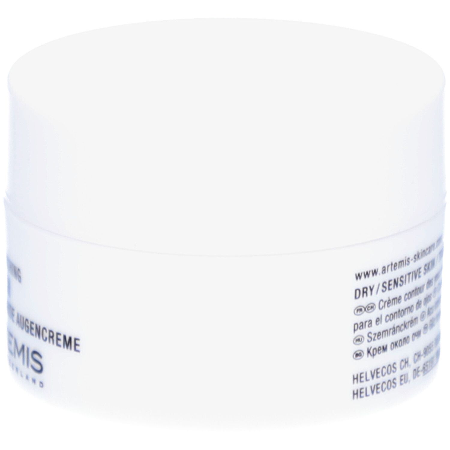 Pot de crème blanc avec texte. Contient "REGENERIERENDE AUGENCREME". Marque: ARTEMIS.