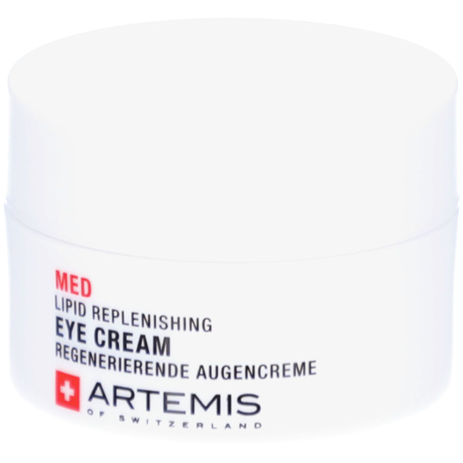 Pot de crème blanc avec texte rouge et noir. Contient "MED LIPID REPLENISHING EYE CREAM". Marque: ARTEMIS.