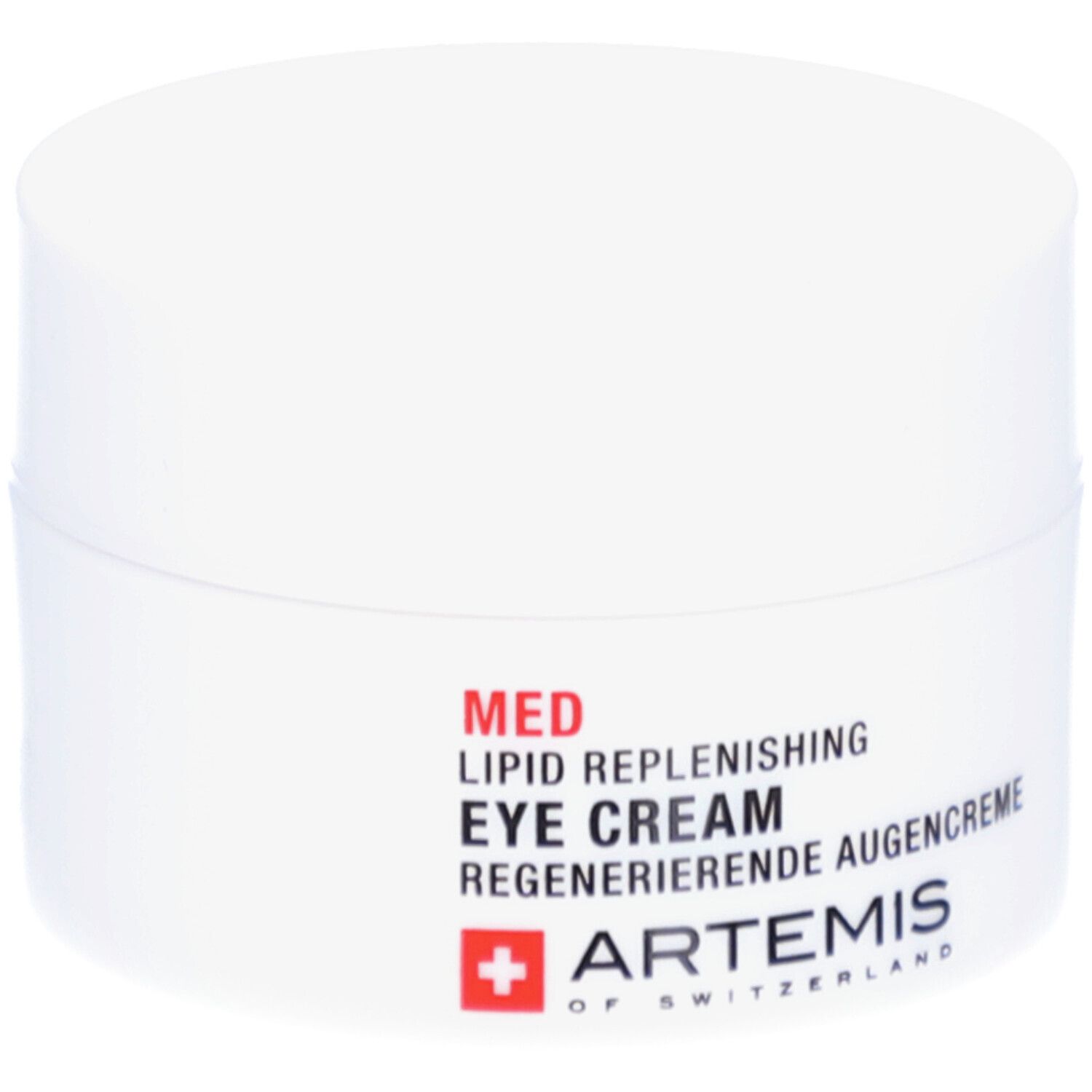 Pot de crème blanc avec texte rouge et noir. Contient "MED LIPID REPLENISHING EYE CREAM". Marque: ARTEMIS.