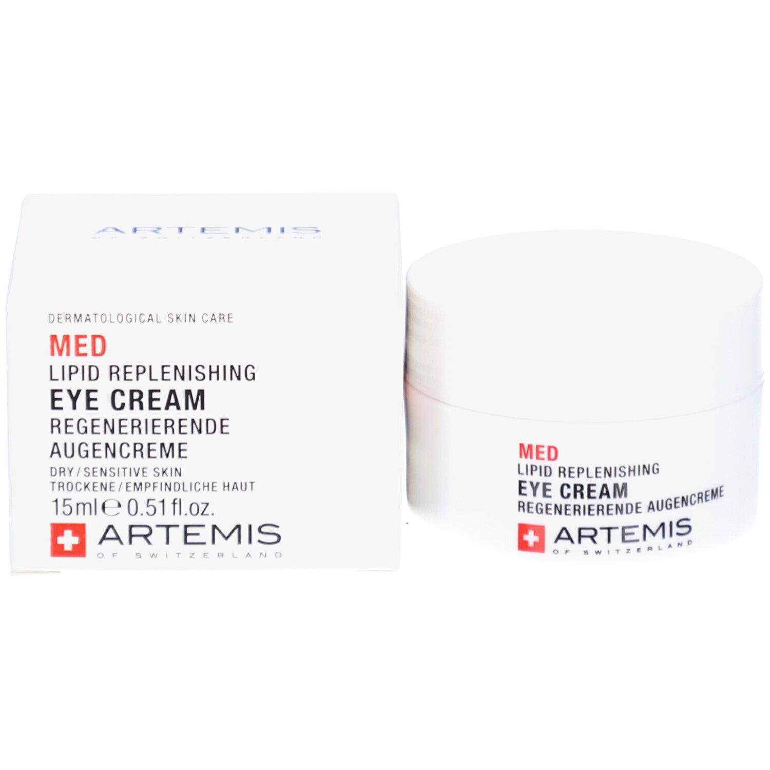 Emballage du produit avec pot de crème et boîte. Contient "MED LIPID REPLENISHING EYE CREAM". Marque: ARTEMIS.