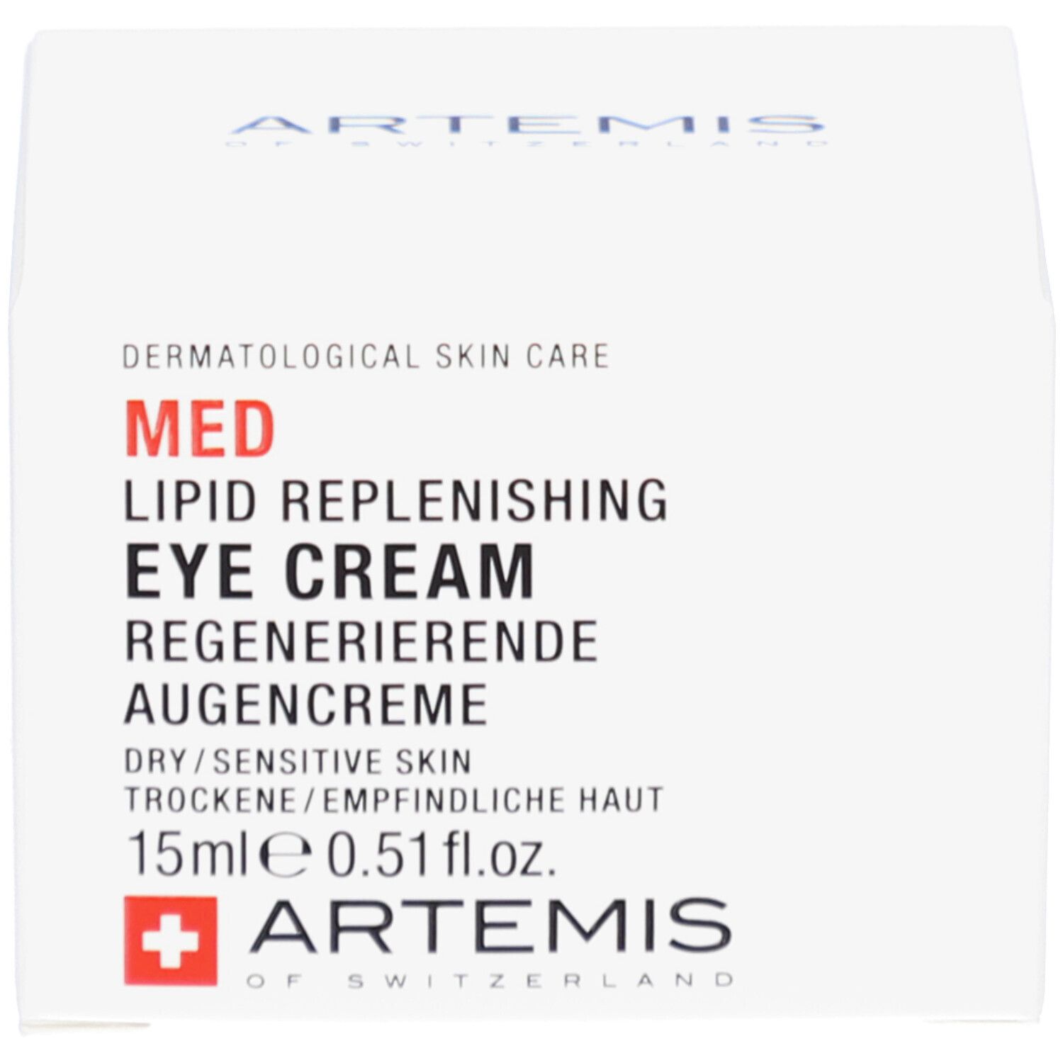 Emballage du produit avec boîte. Contient "MED LIPID REPLENISHING EYE CREAM". Marque: ARTEMIS.
