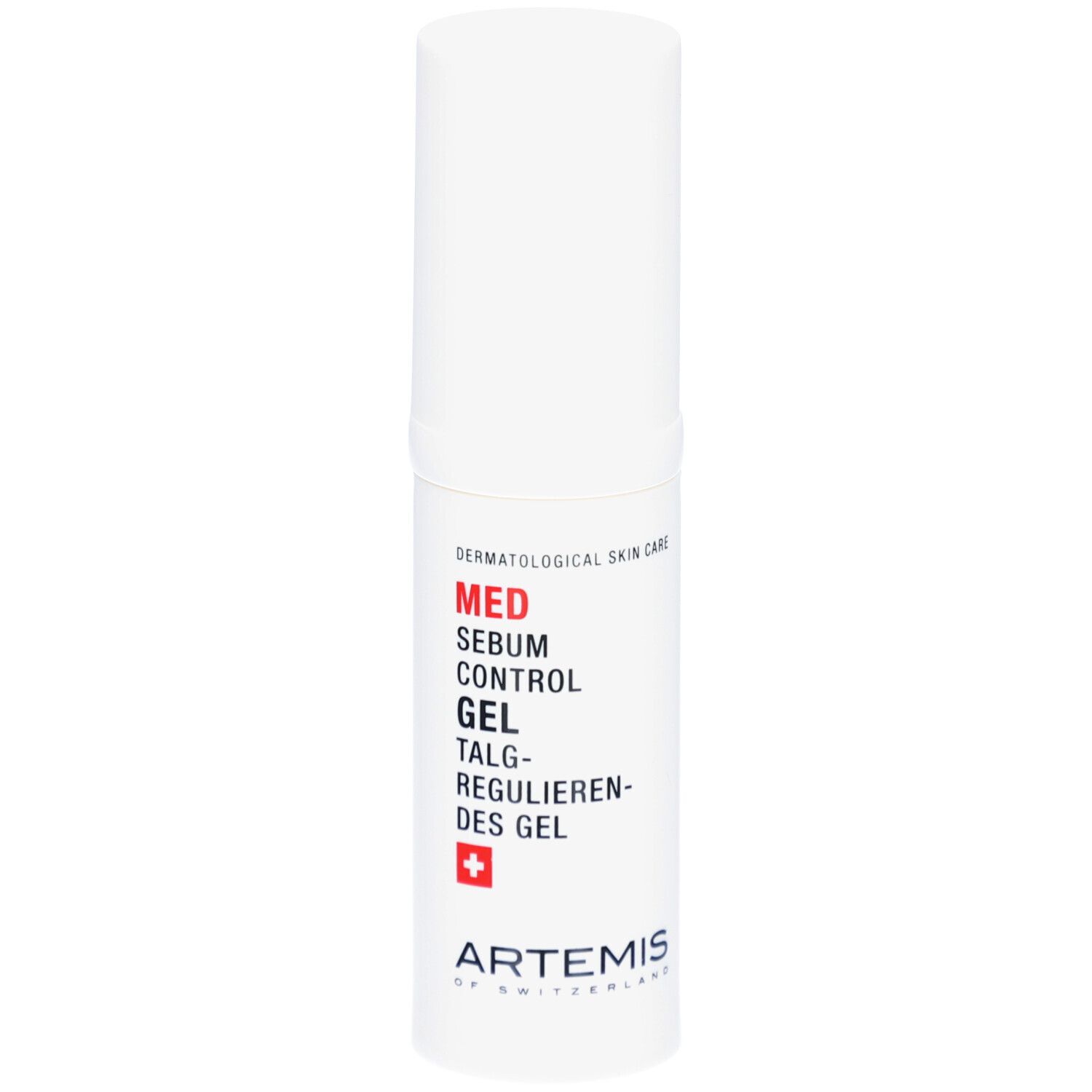Tube blanche avec texte rouge et noir. MED Sebum Control Gel. Croix suisse. ARTEMIS.