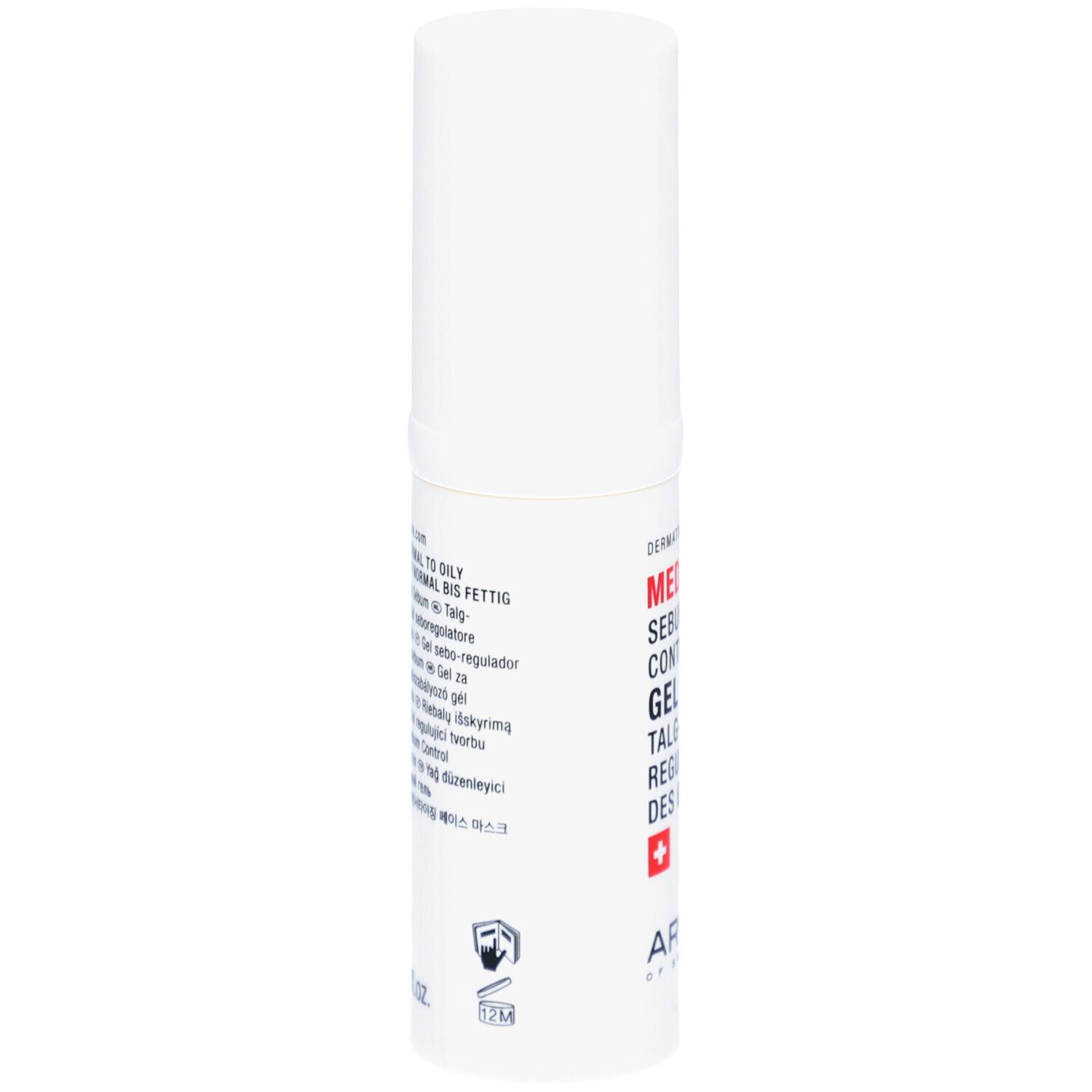Tube blanc avec texte. MED Sebum Control Gel. Croix suisse. ARTEMIS. Texte multilingue.