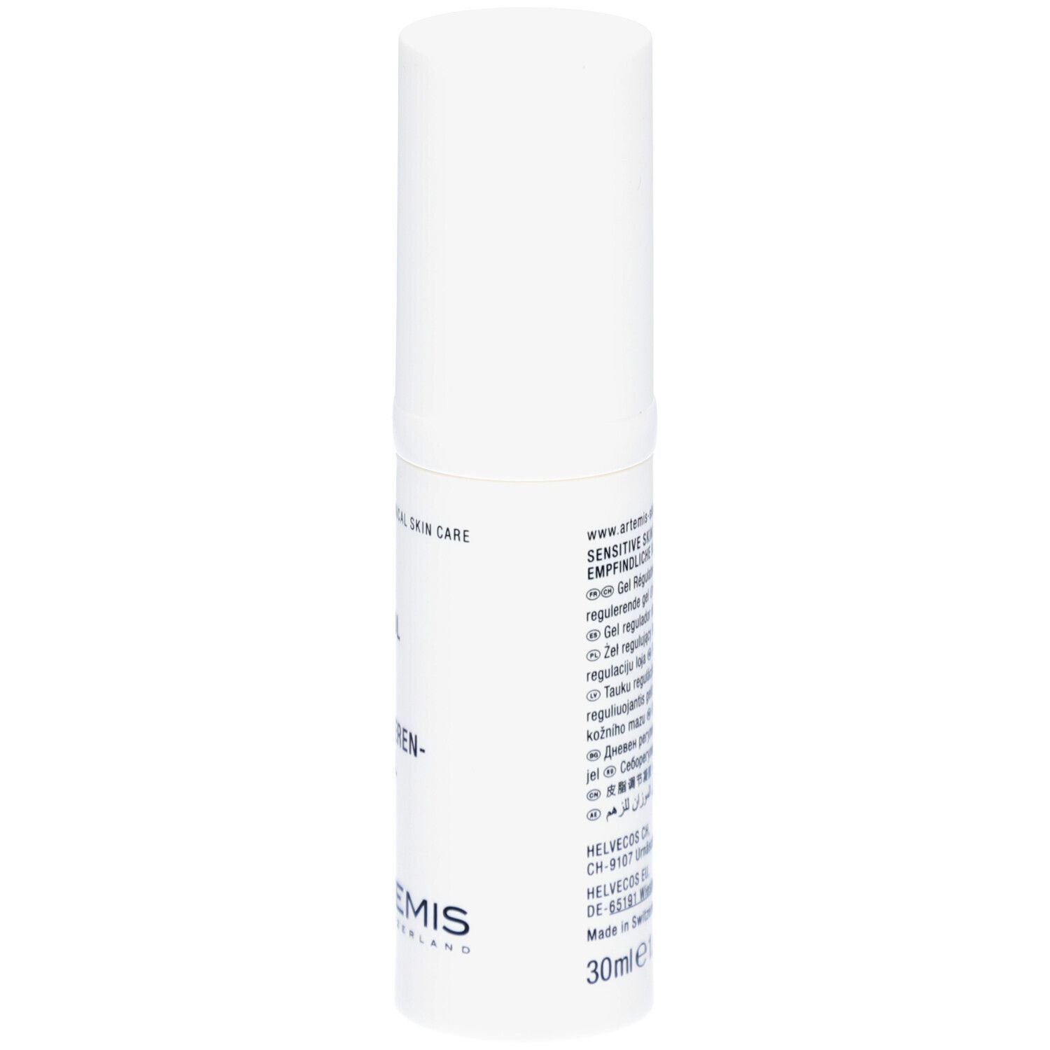 Tube blanc avec texte. MED Sebum Control Gel. Croix suisse. ARTEMIS. 30ml.