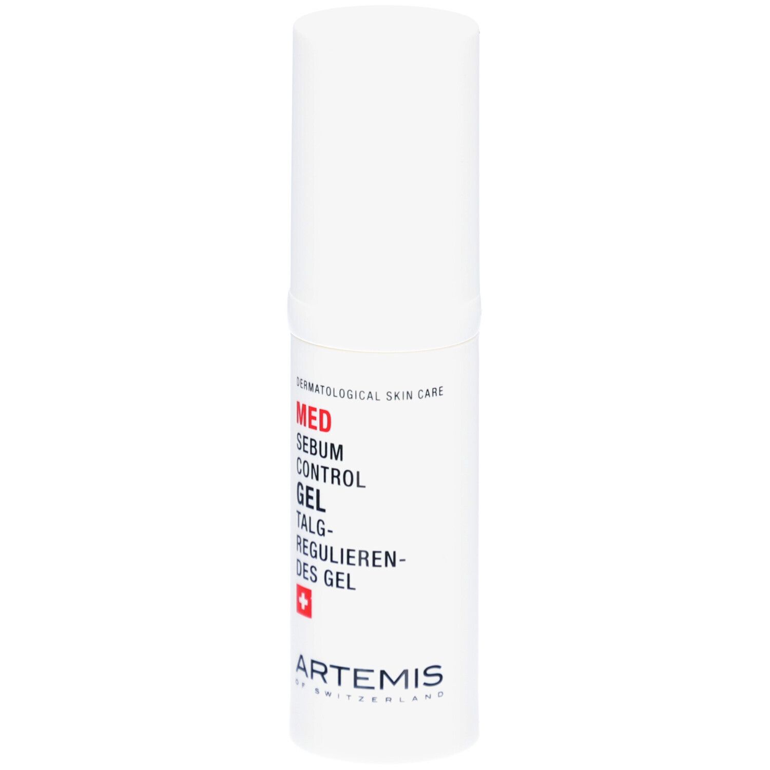 Tube blanc avec texte rouge et noir. MED Sebum Control Gel. Croix suisse. ARTEMIS.