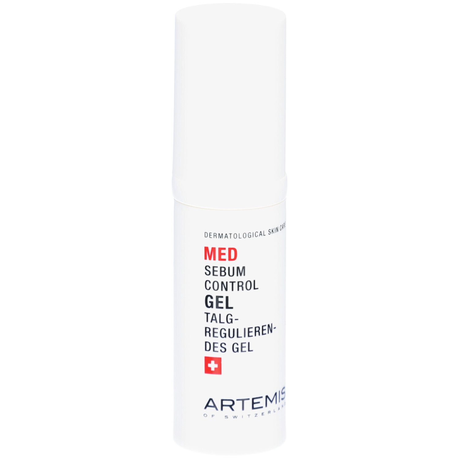 Tube blanc avec texte rouge et noir. MED Sebum Control Gel. Croix suisse. ARTEMIS.