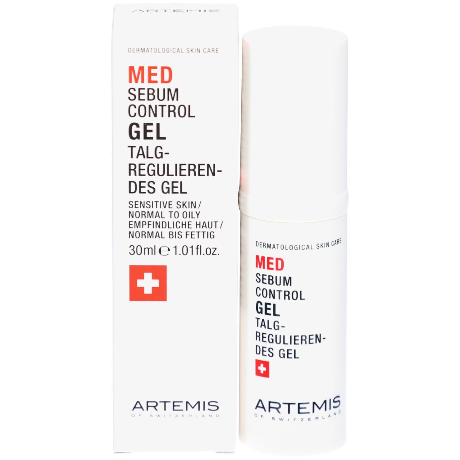Emballage avec tube blanc. MED Sebum Control Gel. Croix suisse. ARTEMIS. 30ml.