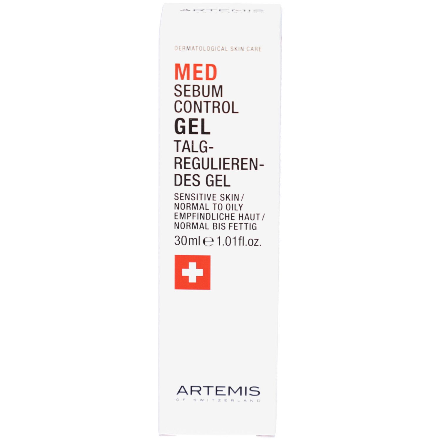 Emballage avec tube blanc. MED Sebum Control Gel. Croix suisse. ARTEMIS. 30ml.