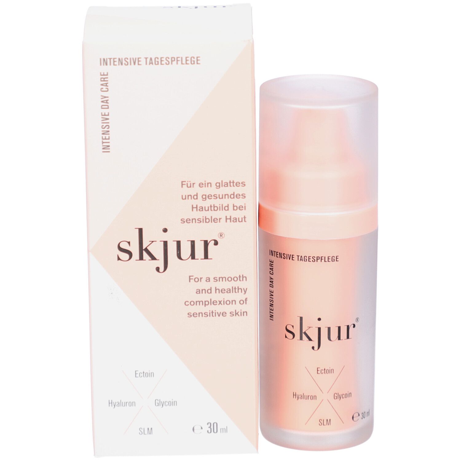 Creme-Spenderflasche und Karton. Aufschrift: skjur, Ectoin, Hyaluron, Glycin, SLM, e 30 ml. Karton mit Text.